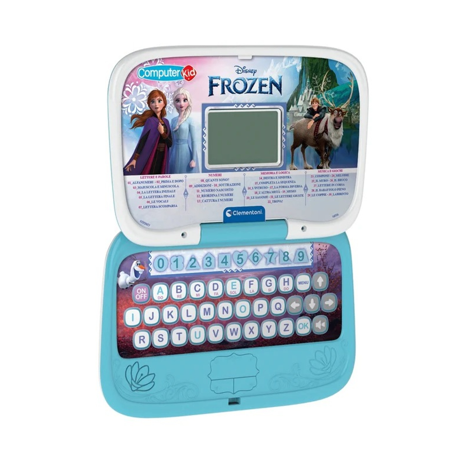 Un computer educativo azzurro Disney Frozen per bambini con tastiera e schermo.
