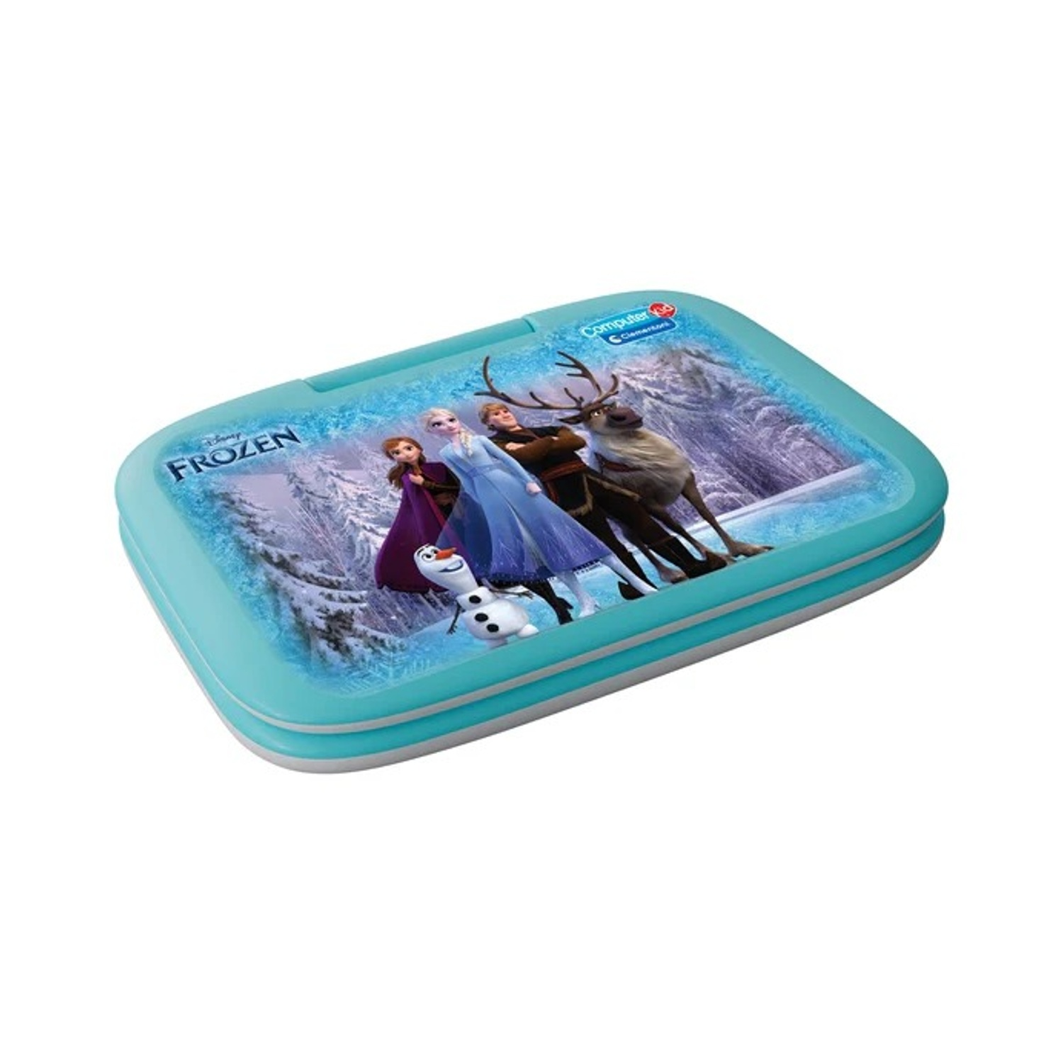 Un computer portatile turchese con i personaggi di Frozen: Elsa, Anna, Olaf e Sven.