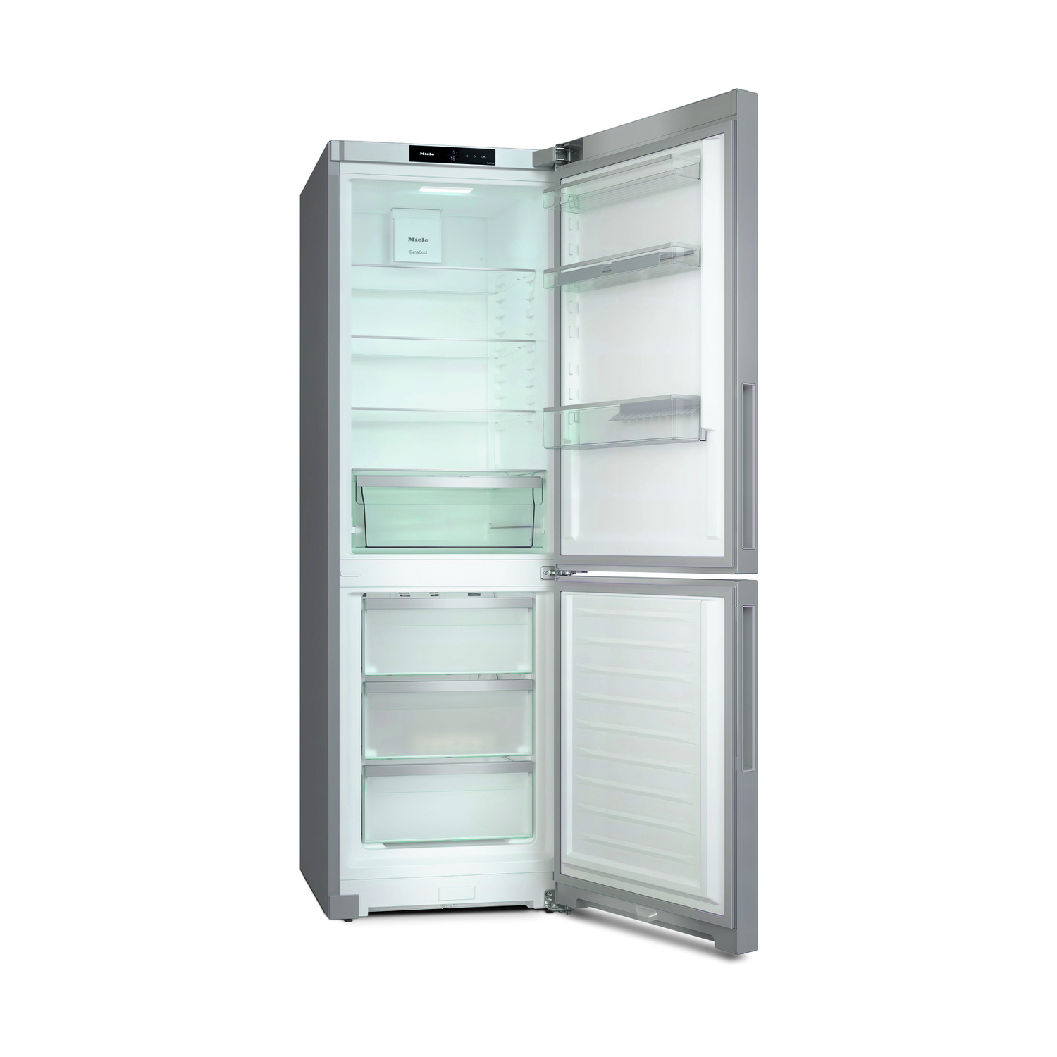 Un frigorifero argentato con le porte aperte, interno illuminato, ripiani in vetro e cassetti.