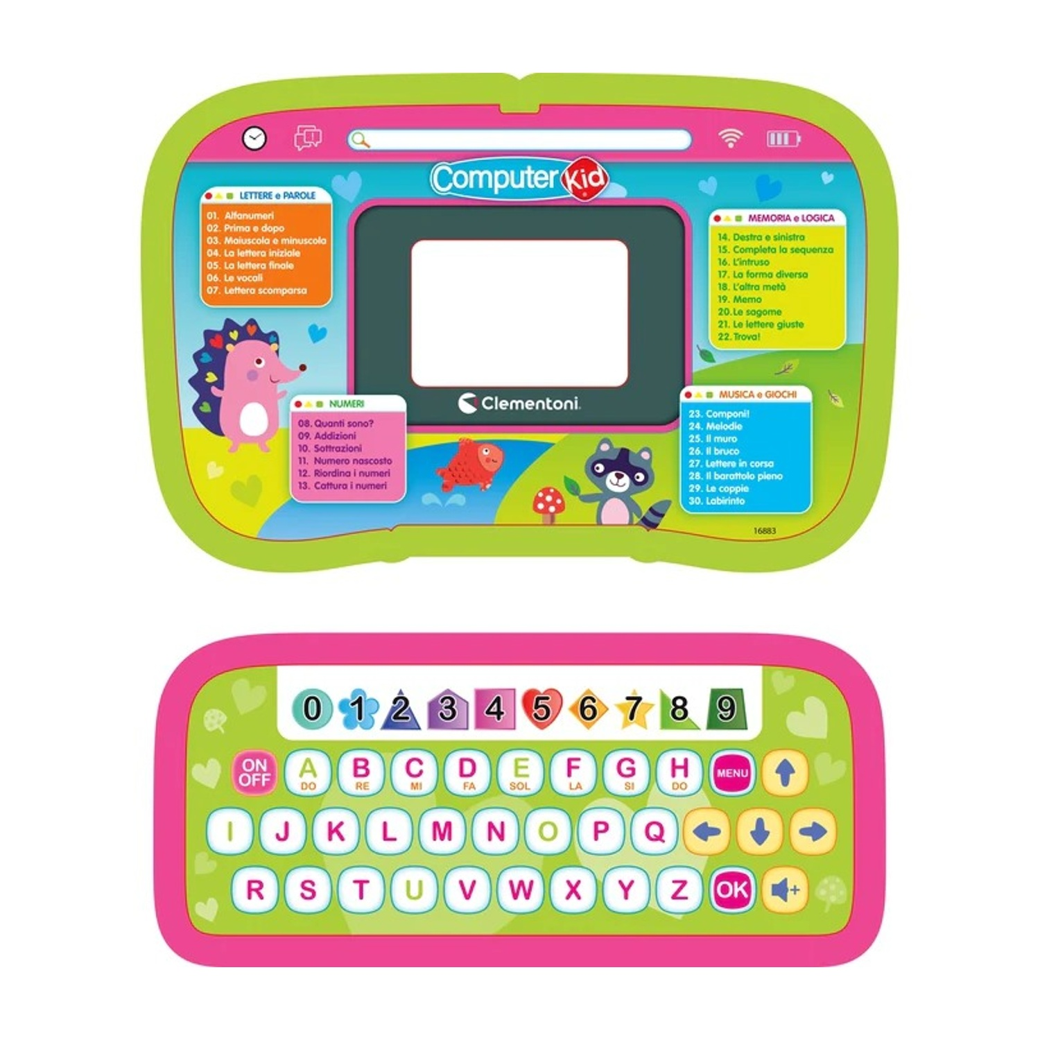 Un giocattolo educativo rosa e verde con schermo e tastiera.