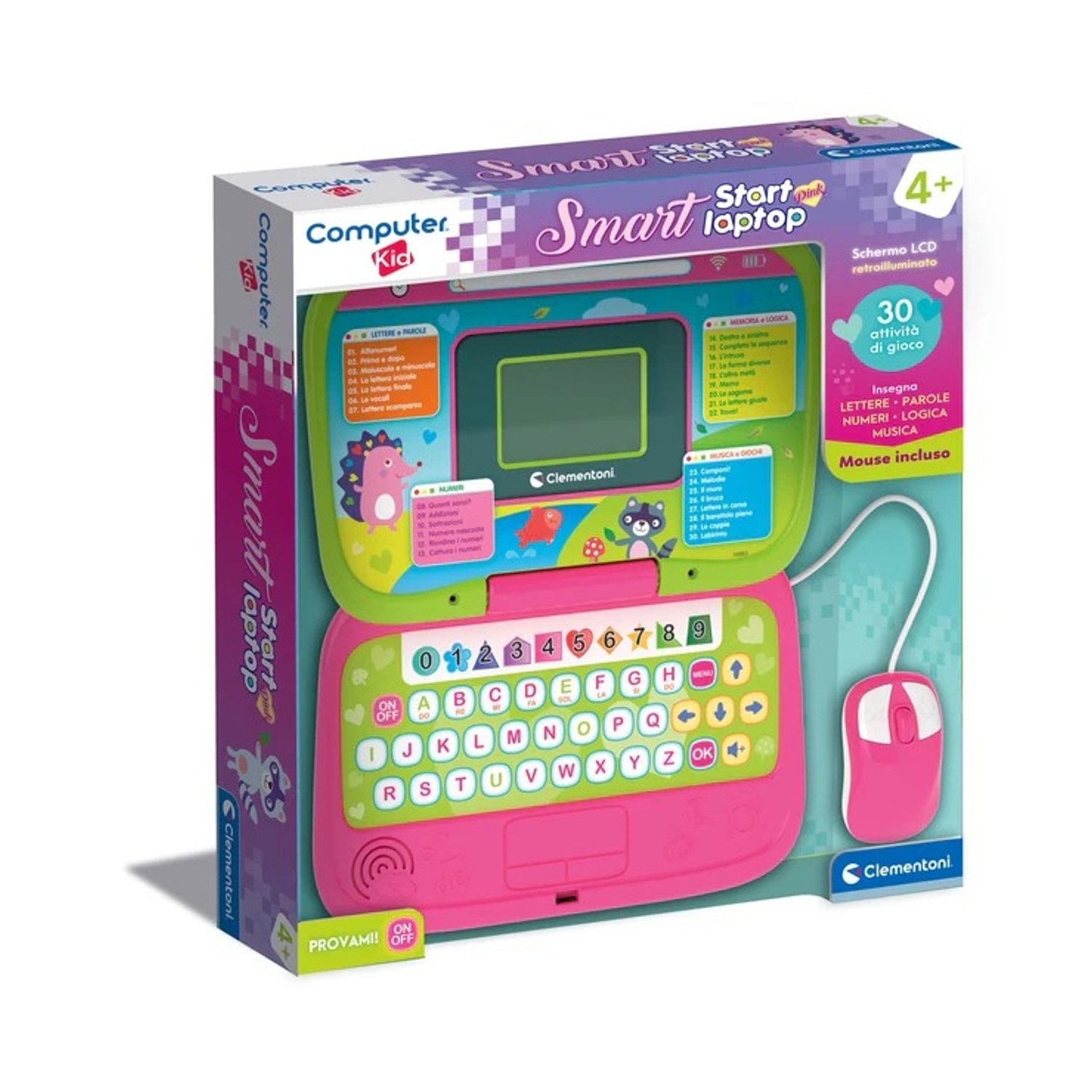 Un laptop giocattolo rosa per bambini con tastiera, schermo e mouse.