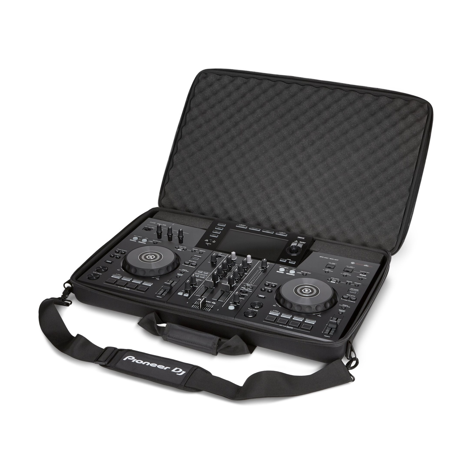 Controller DJ nero con logo Pioneer DJ in custodia imbottita in schiuma con tracolla.