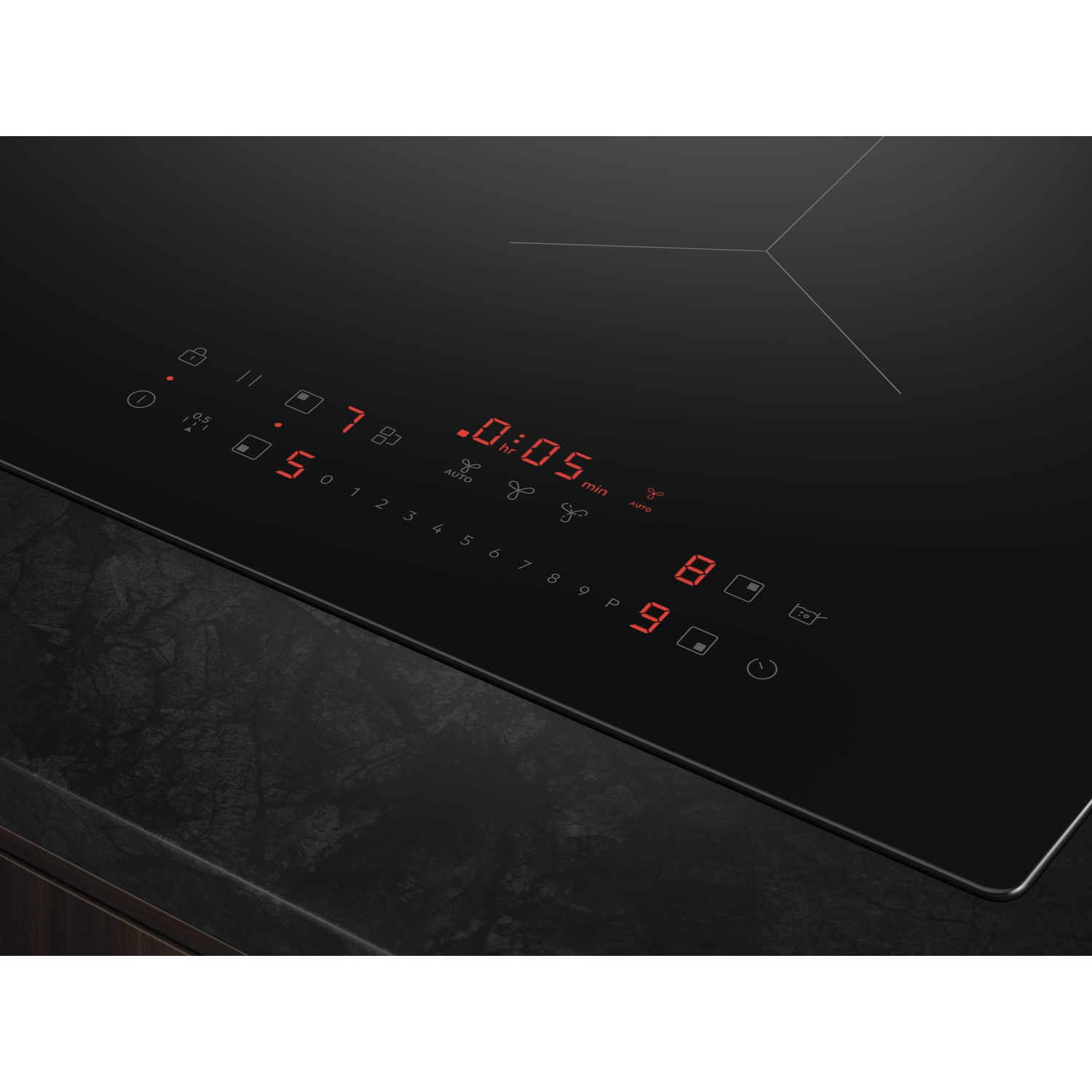Moderna superficie del piano cottura nero con display digitali rossi per tempo e potenza.