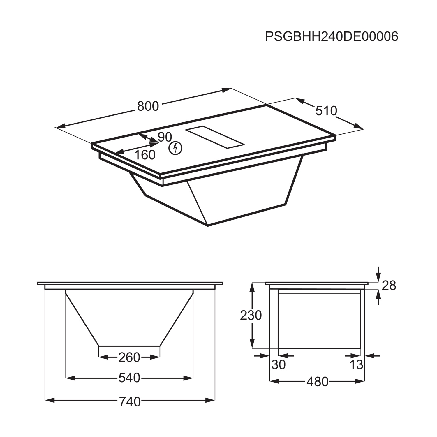 Disegno tecnico di una cappa aspirante con dimensioni.
