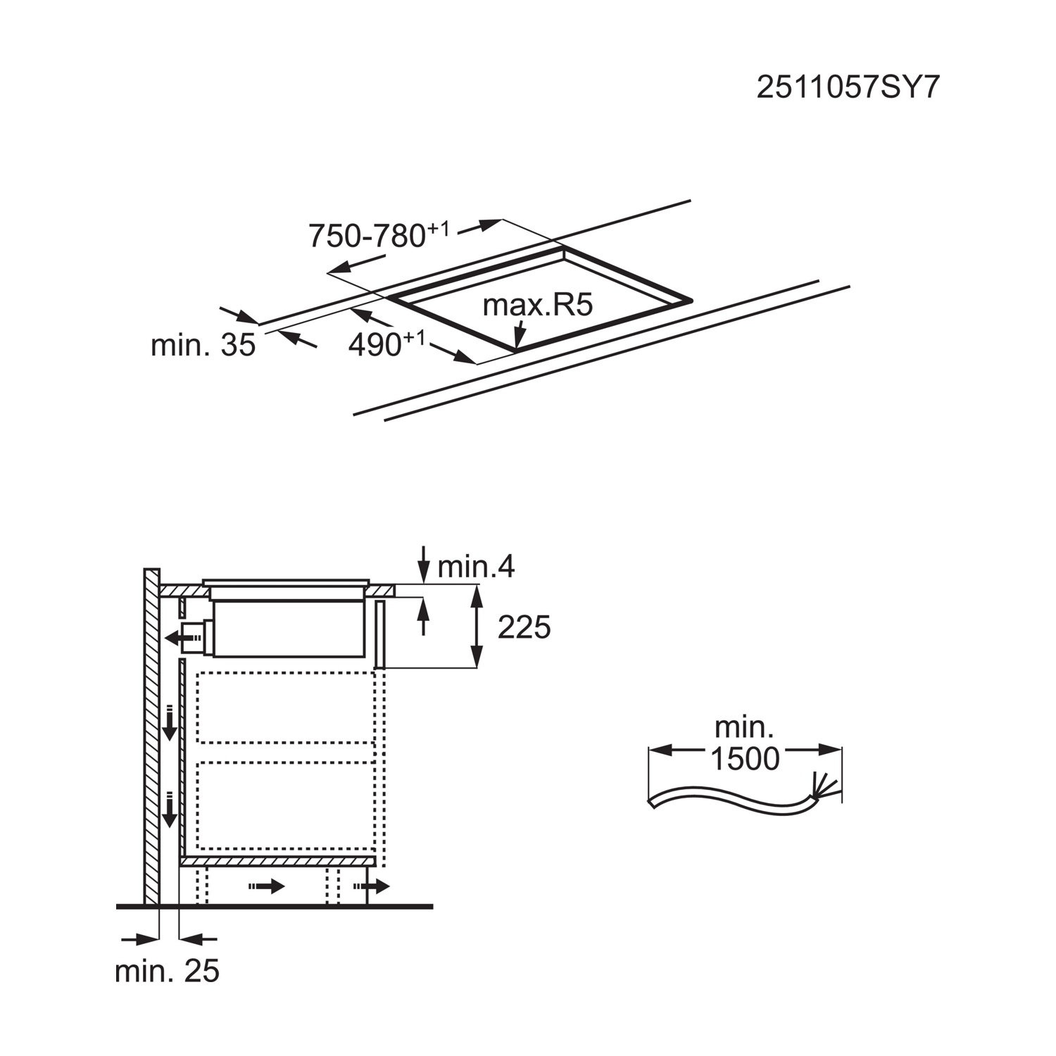 Disegno tecnico con dimensioni per elettrodomestici da incasso.