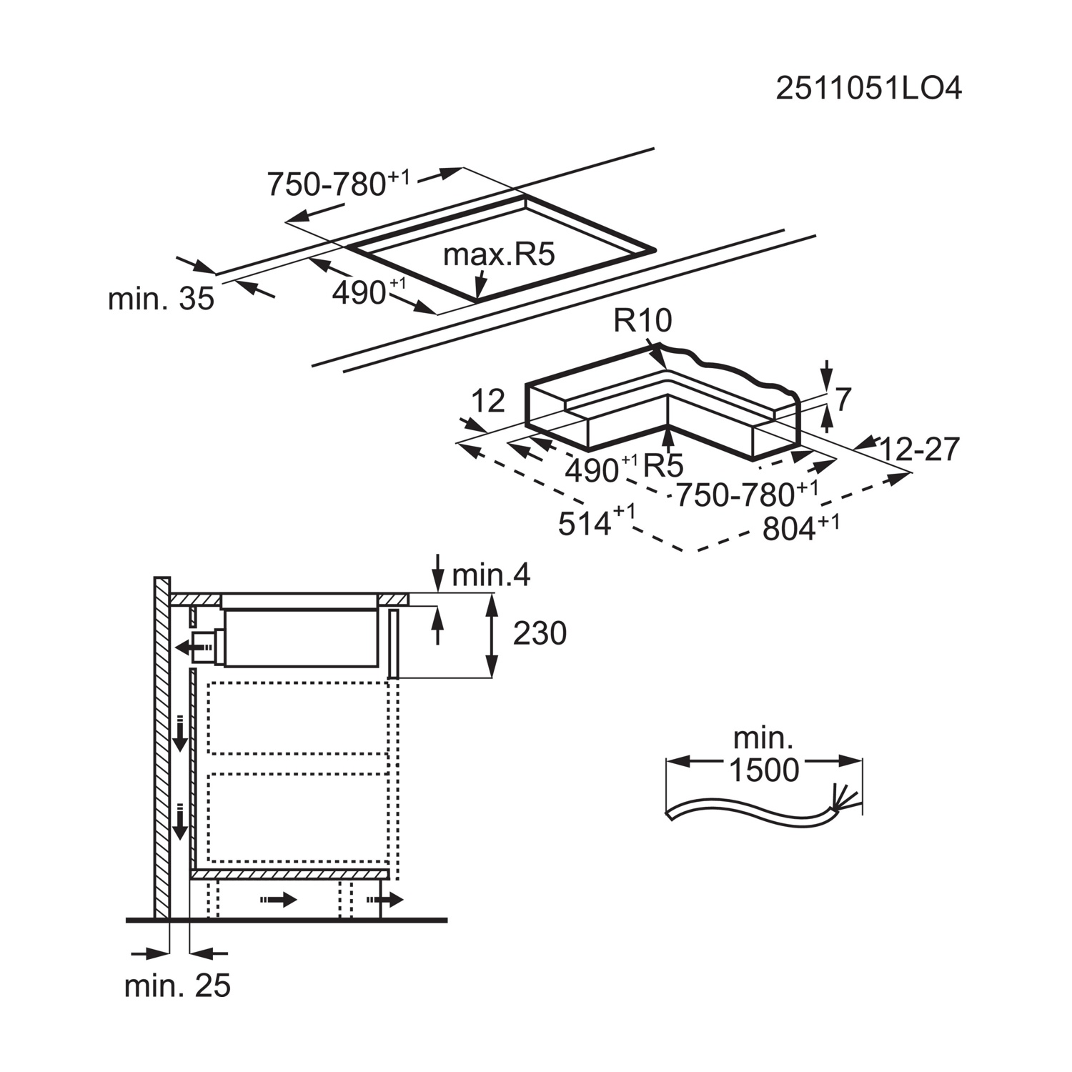 Disegno tecnico con dimensioni per elettrodomestici da incasso.