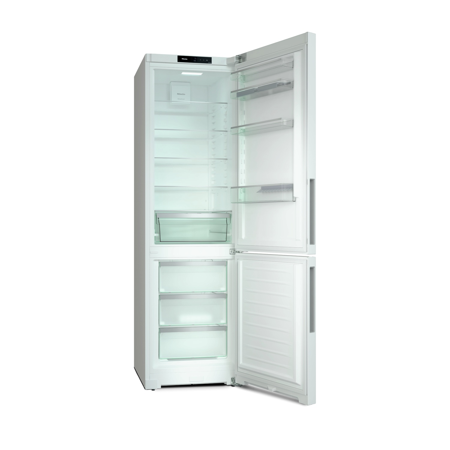 Un frigorifero bianco con una porta aperta, che mostra ripiani e cassetti.