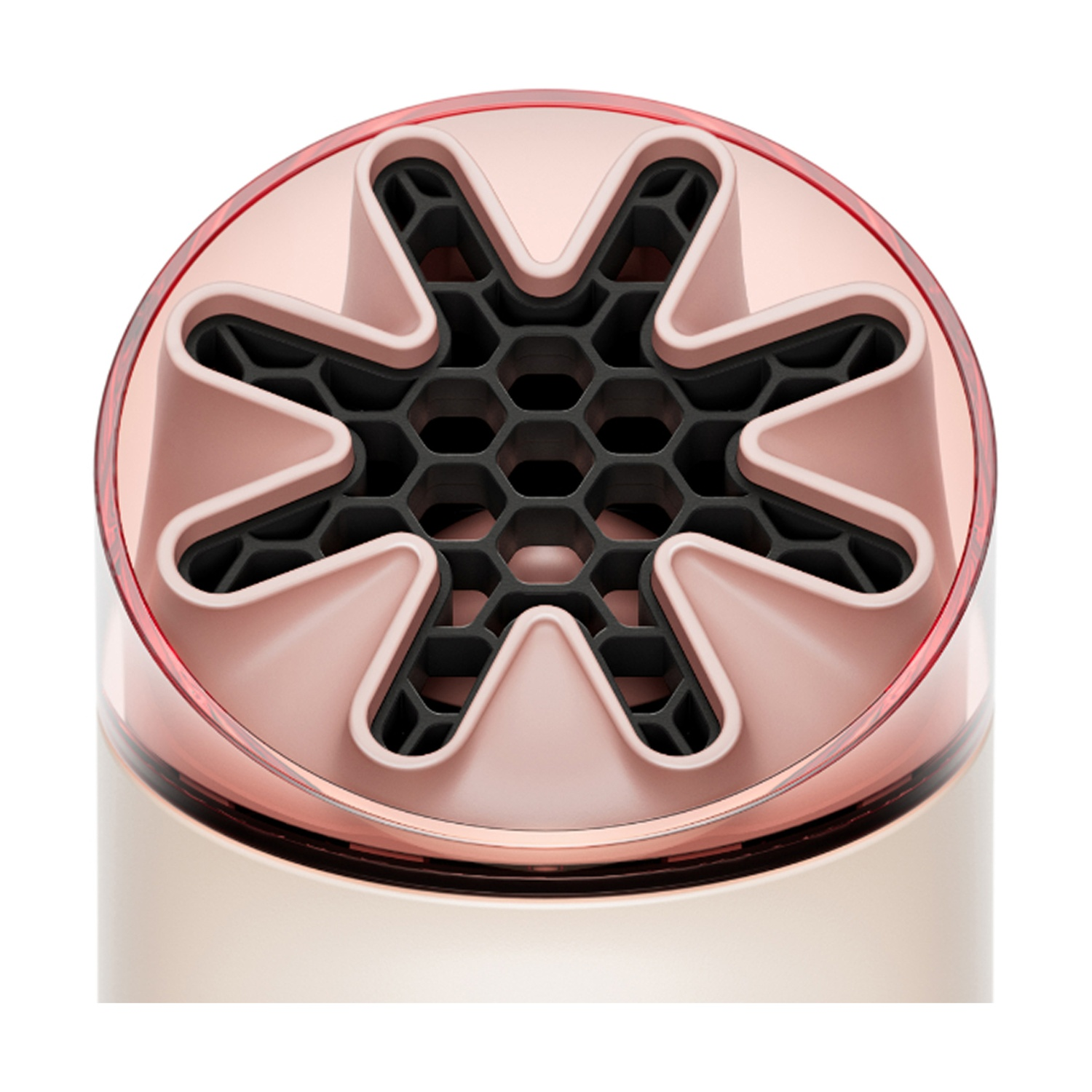 Primo piano dell'accessorio diffusore di un asciugacapelli con elementi rosa a forma di stella.