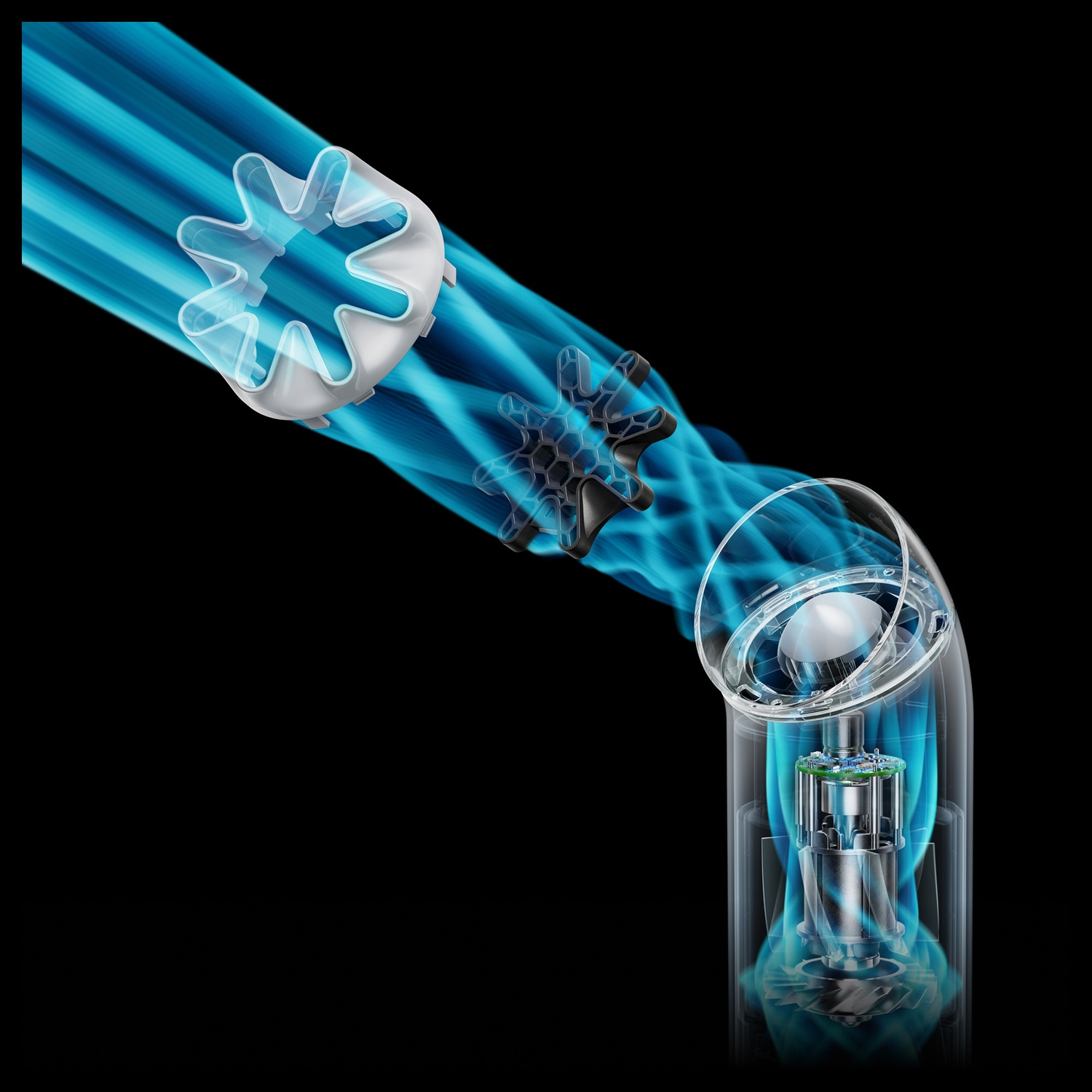 Flussi di energia blu scorrono in un tubo trasparente, incontrando una turbina.