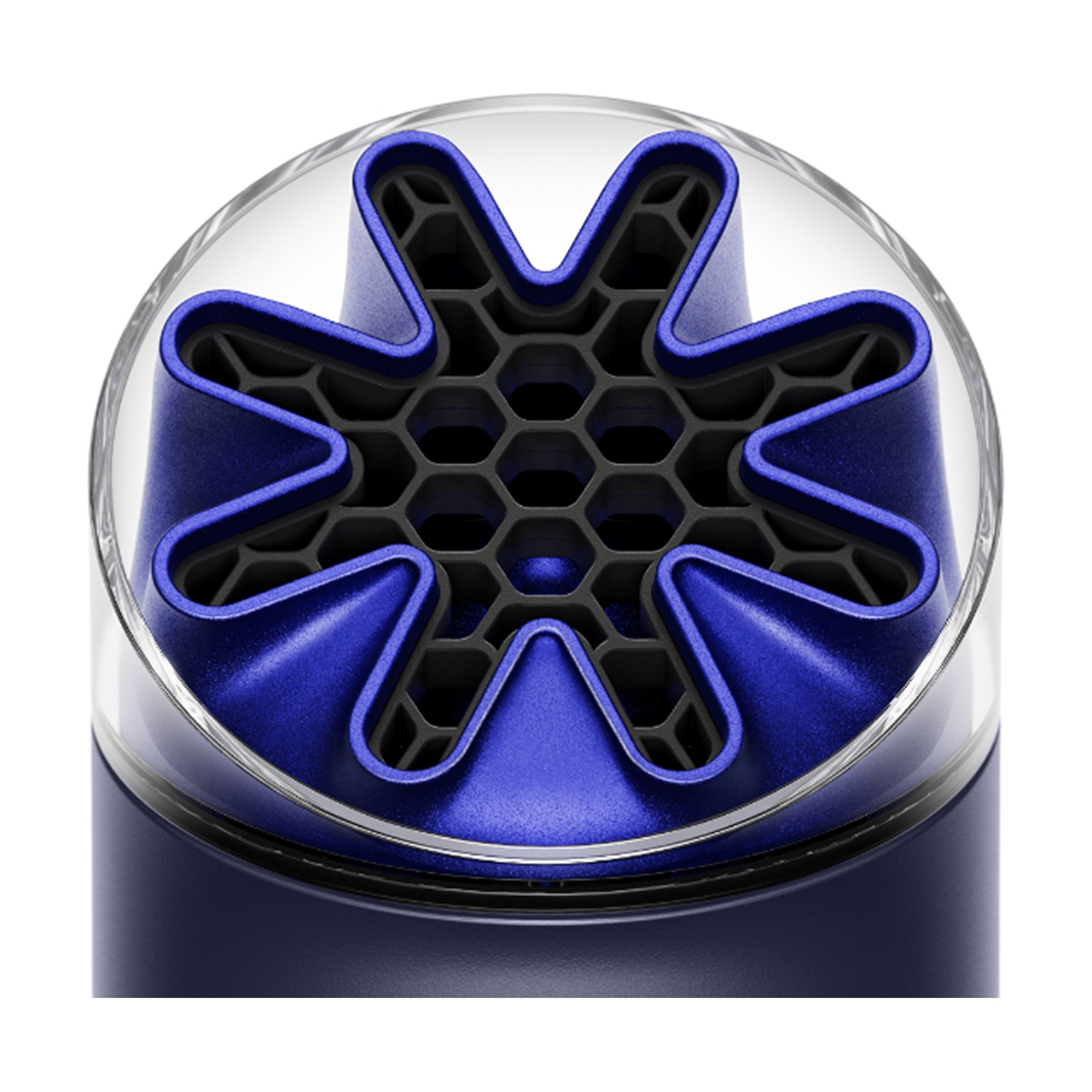 Un accessorio blu e nero per asciugacapelli con motivo esagonale.