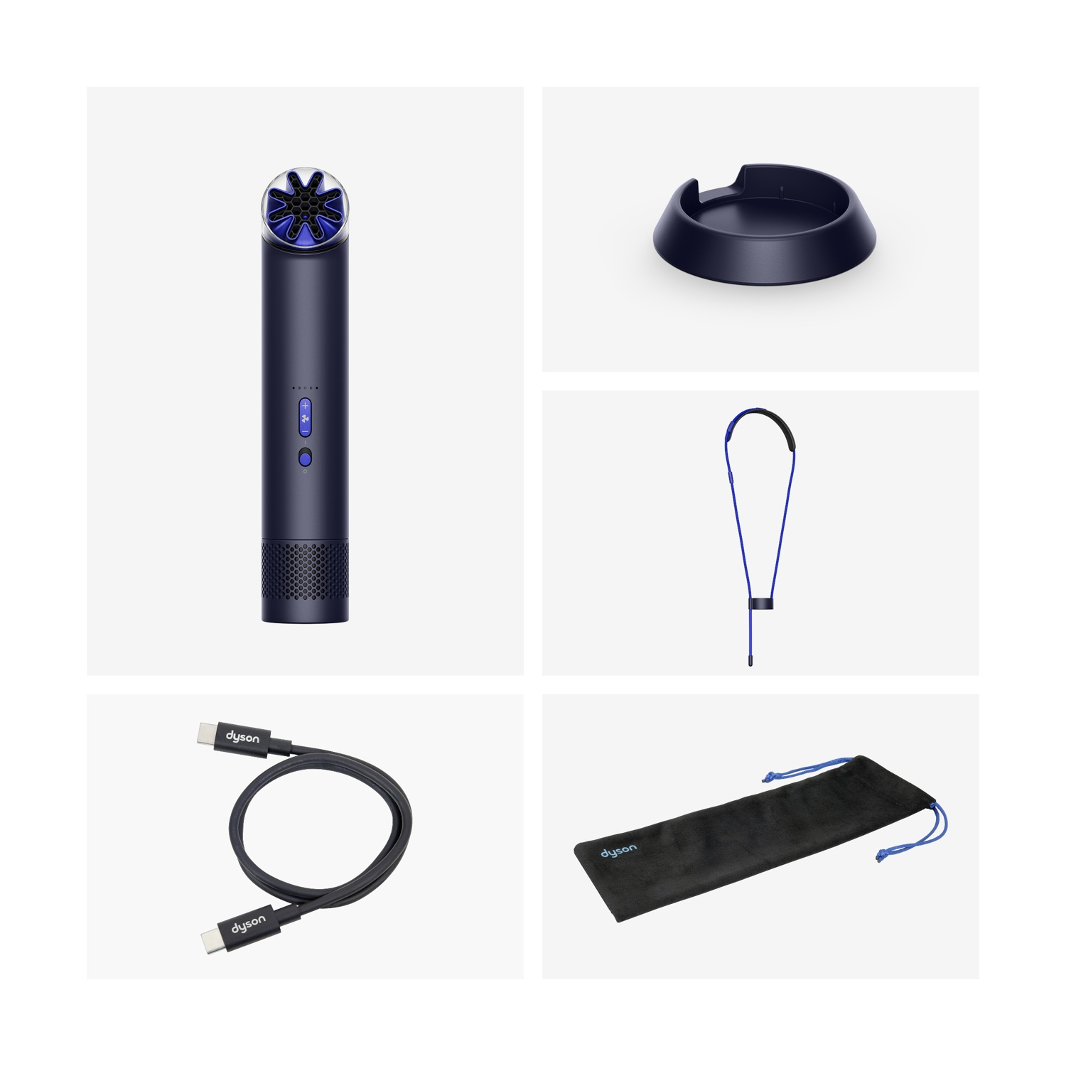 Asciugacapelli Dyson blu scuro e accessori: supporto, cavo e custodia.