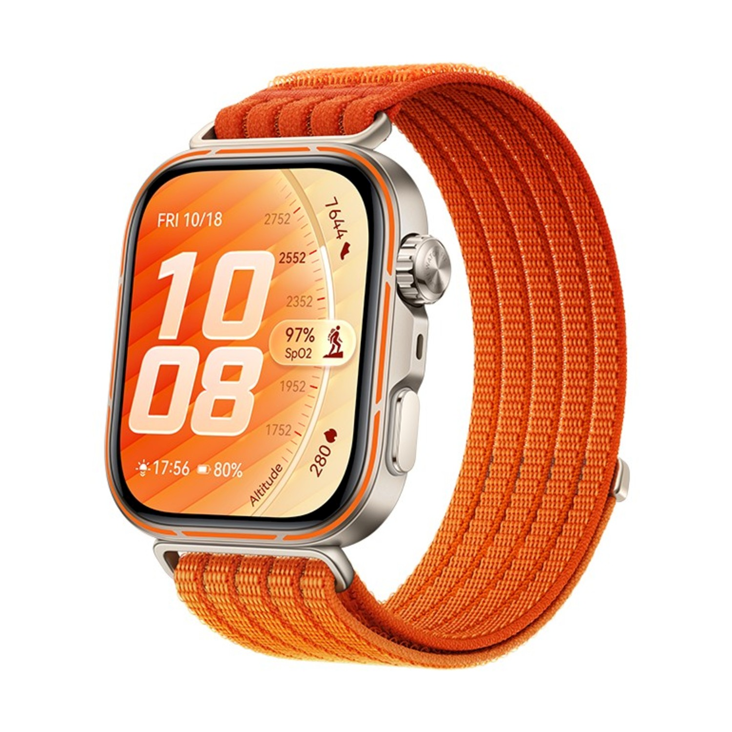 Uno smartwatch arancione con cassa argentata e display digitale.
