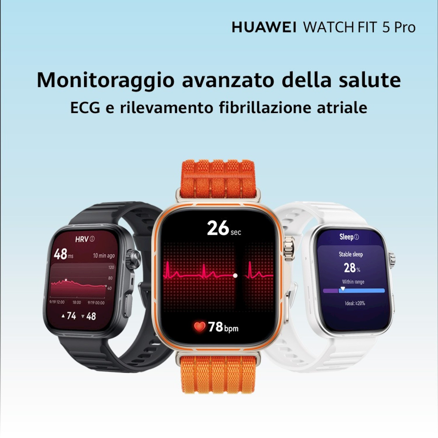 Tre modelli Huawei Watch Fit 5 Pro mostrano dati sanitari: HRV, ECG e sonno.