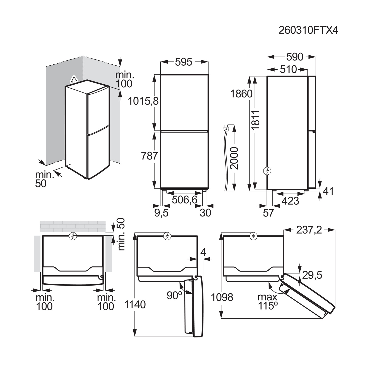 Disegno tecnico di un frigorifero-congelatore con dimensioni e guide installazione.