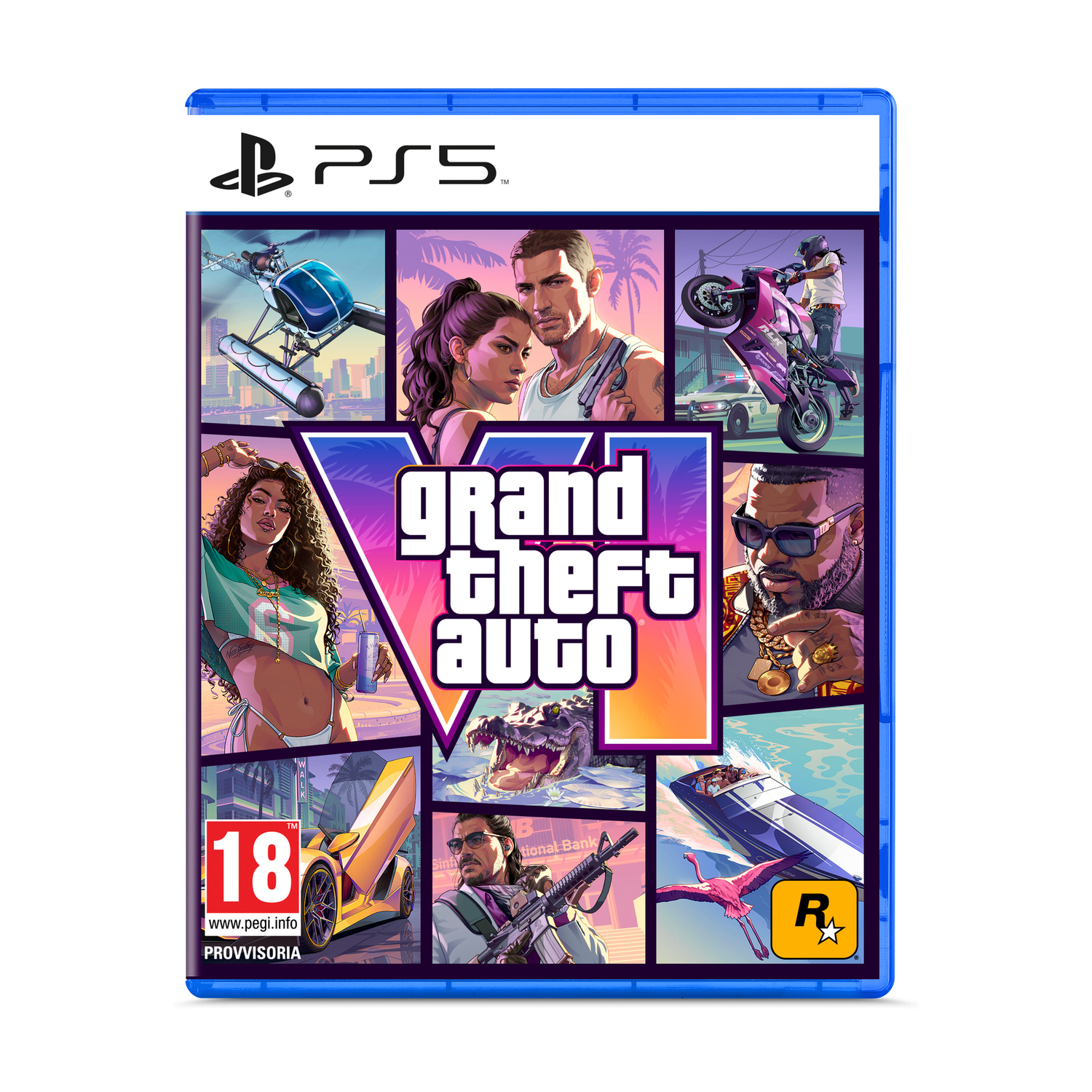 Copertina Grand Theft Auto VI PS5 con scene: elicottero, coppia, moto, donna, alligatore, auto, uomo, barca, fenicottero.