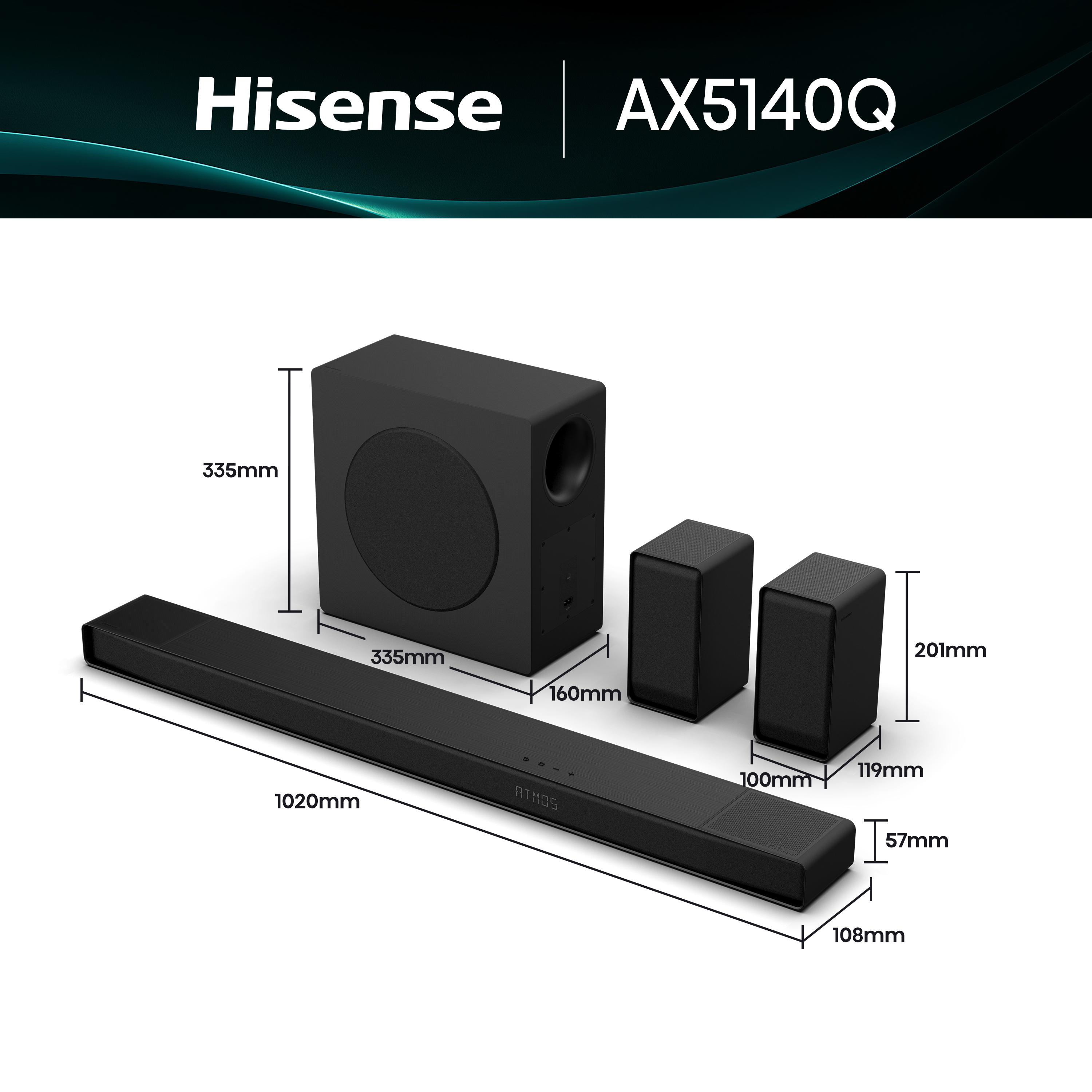 Schwarze Hisense AX5140Q Soundbar, Subwoofer und zwei Satellitenlautsprecher mit Maßen.