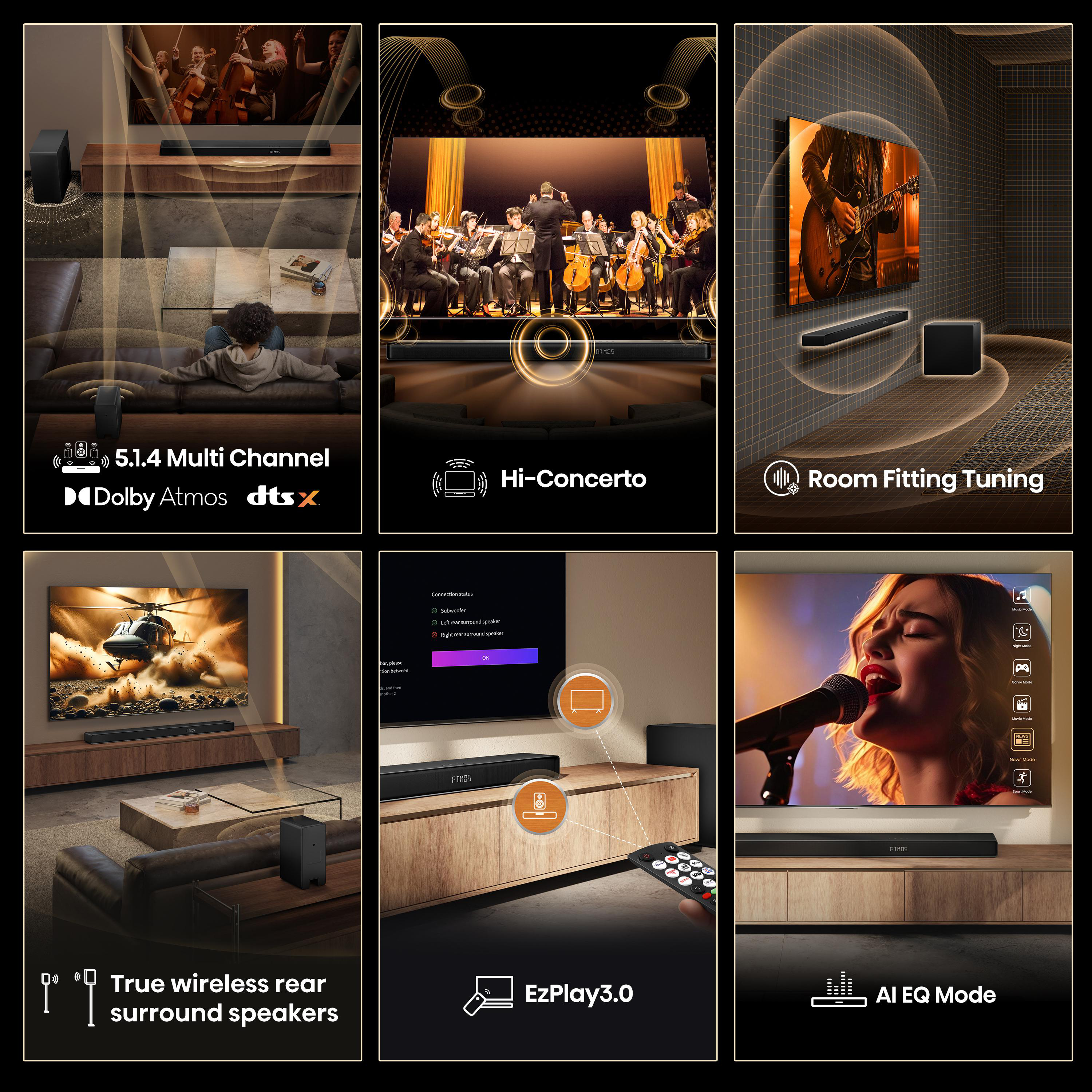 Ein Wohnzimmer mit einer Soundbar, die 5.1.4 Multi Channel Dolby Atmos und DTS:X unterstützt.