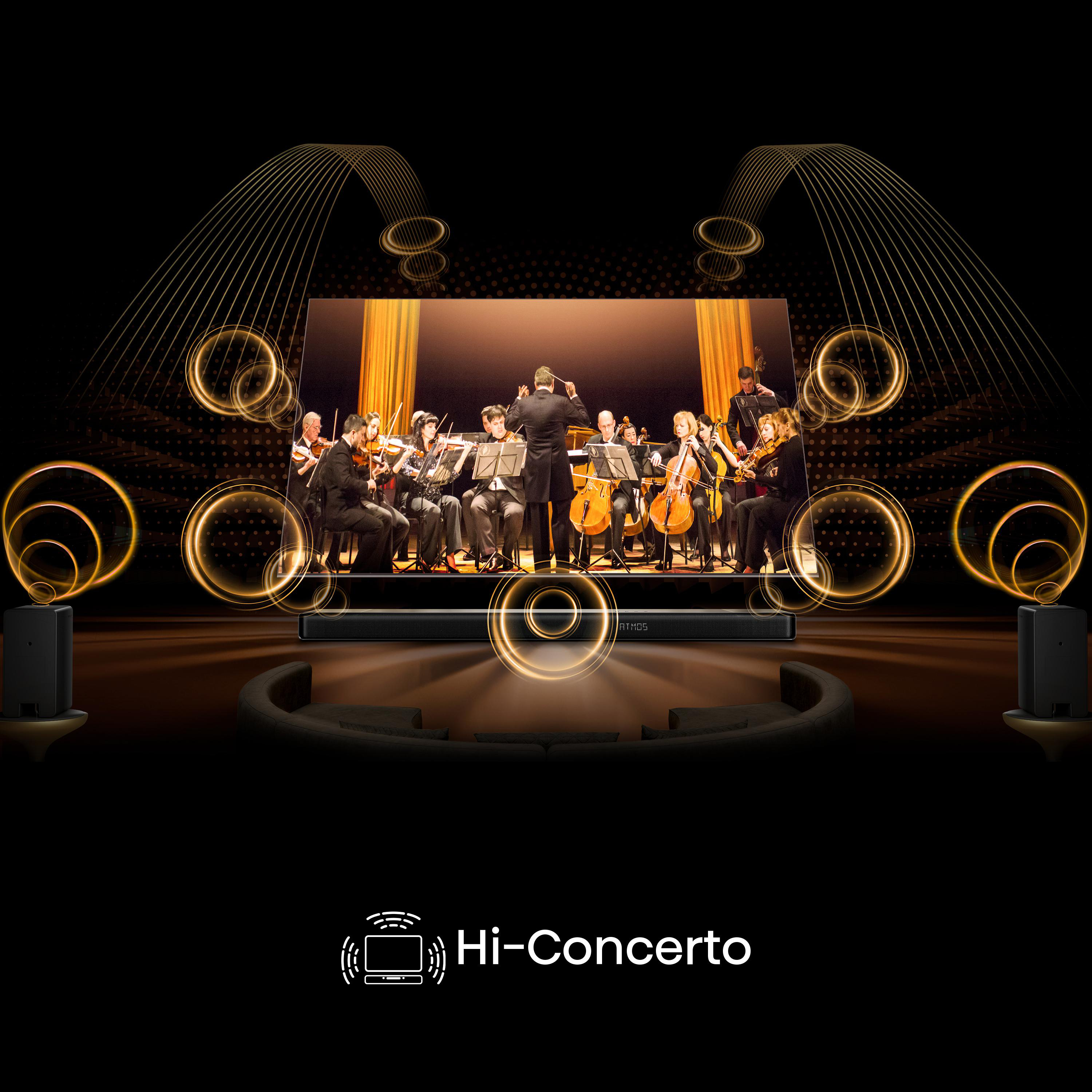 Ein Orchester spielt vor einem Fernsehbildschirm mit goldenen Ringen.