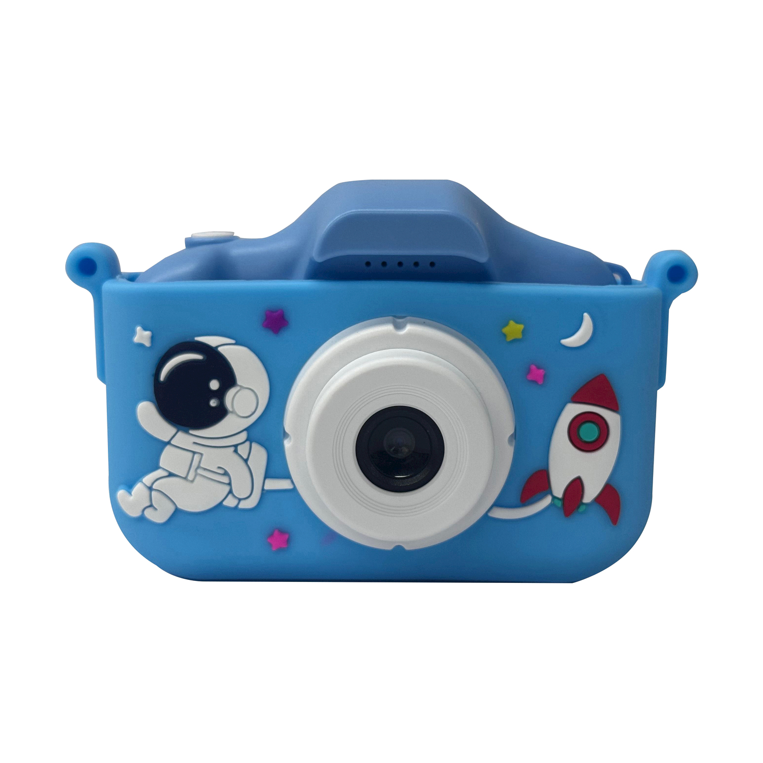 Una macchina fotografica per bambini blu decorata con motivi spaziali.