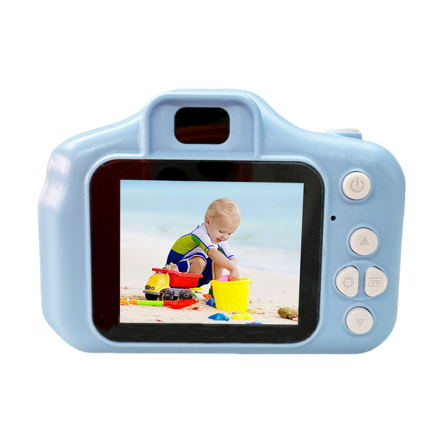 Una macchina fotografica per bambini blu mostra un bambino sulla spiaggia con giocattoli da sabbia.