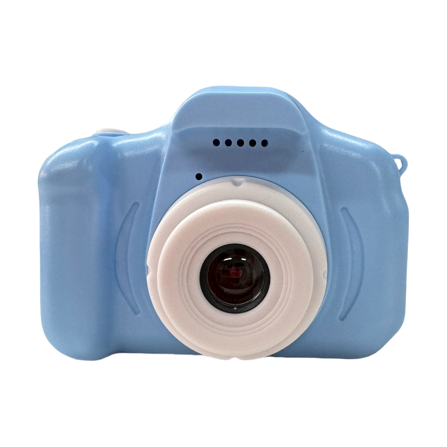 Una fotocamera digitale azzurra con anello obiettivo bianco e copriobiettivo.