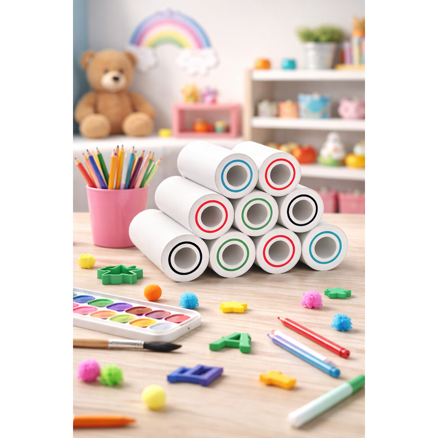 Colorate forniture per bricolage: matite, acquerelli, rotoli di carta e giocattoli su tavolo legno.
