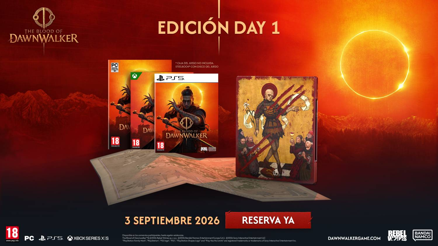 Portada del juego 'The Blood of Dawnwalker', steelbook y mapa ante un cielo brillante.