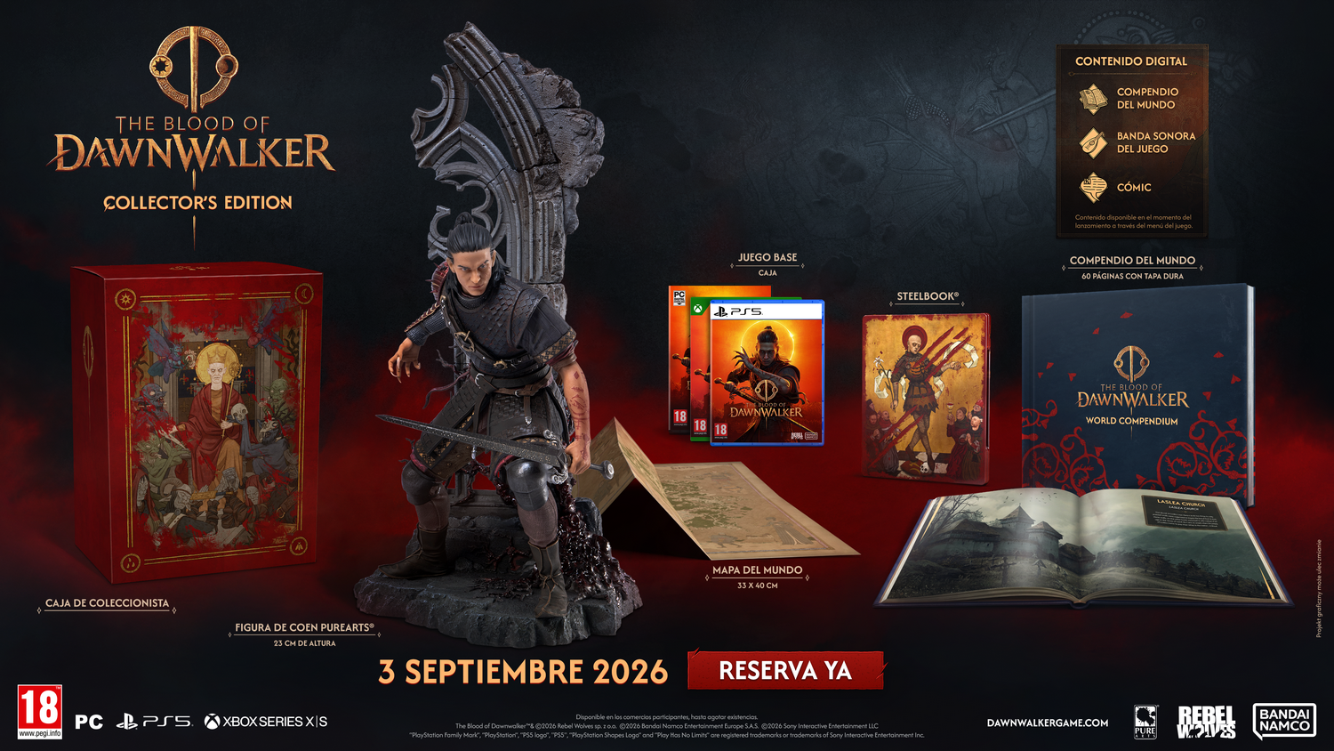 Edición Coleccionista de 'The Blood of Dawnwalker' con figura, juego, steelbook, mapa y libros.