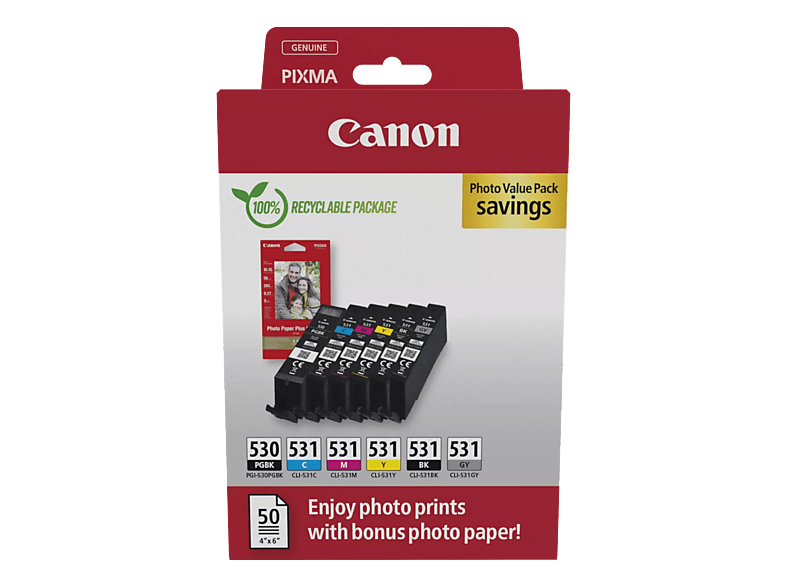 CANON PGI-530/CLI-531 Photo Value Pack Original Tintenpatrone Pigmentschwarz, Cyan, Magenta, Gelb, Schwarz, Grau (PGI-530, CLI-531)