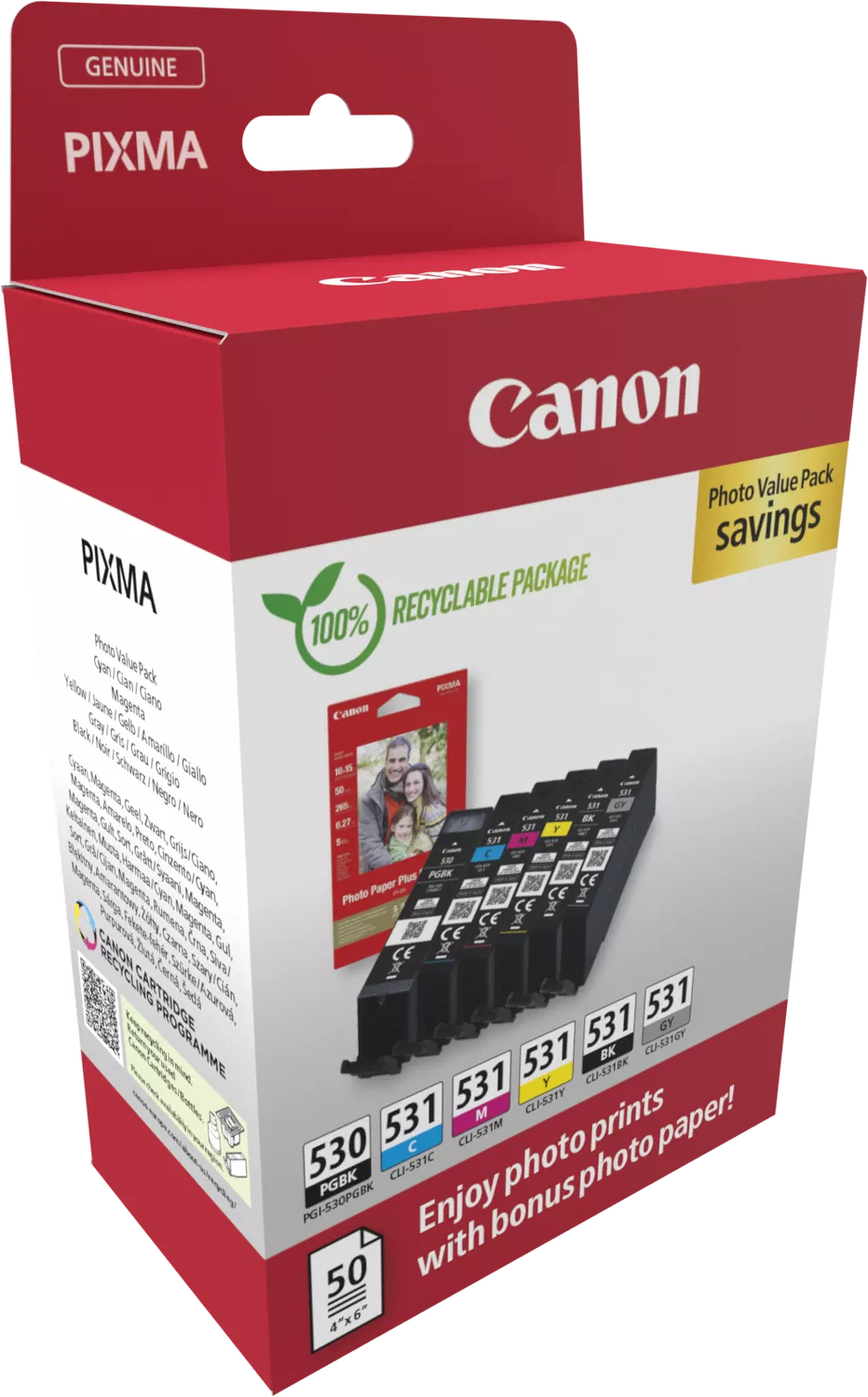 Canon PIXMA Tintenpatronen mit Fotopapier. Enthält Cyan, Magenta, Gelb, Schwarz, Grau.
