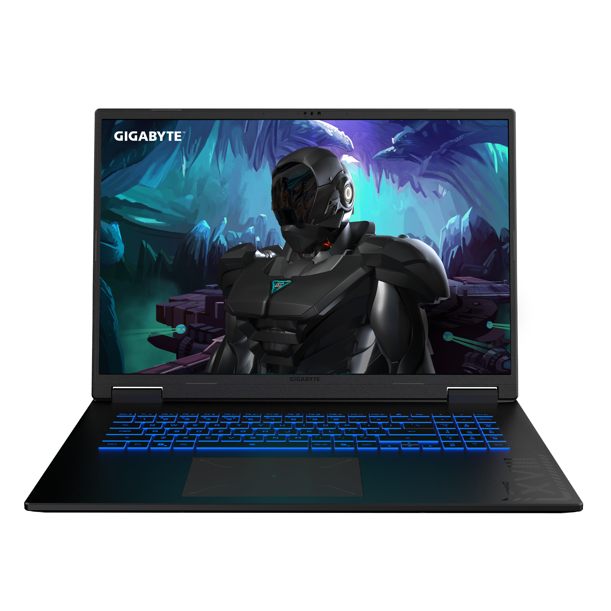 Schwarzer Gigabyte-Laptop zeigt ein futuristisches Spiel mit Roboter und blauer Tastatur.