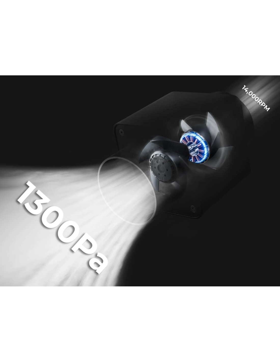 Boquilla con 13000 Pa de succión y 14000 RPM, emitiendo humo brillante.