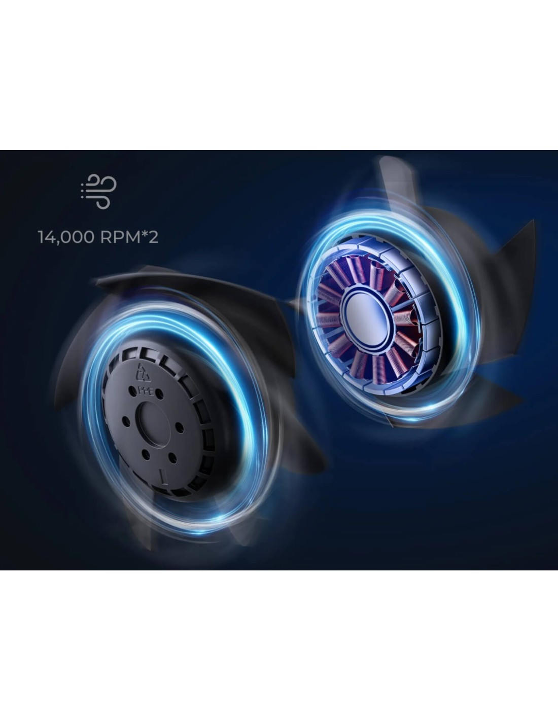 Dos motores de ventilador girando con círculos de luz azul sobre fondo oscuro.
