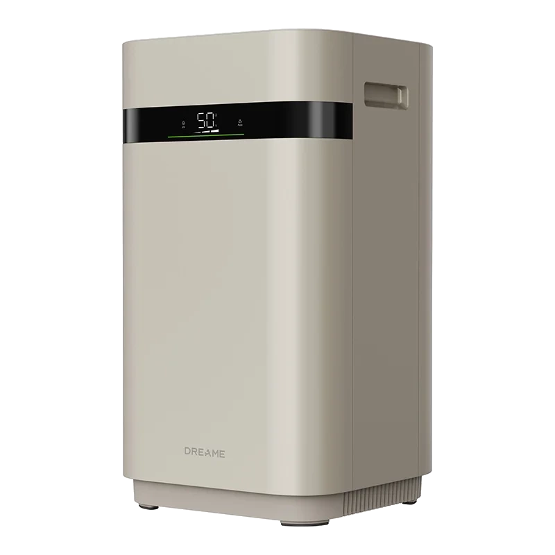 Un purificador de aire beige con pantalla negra que muestra 50.