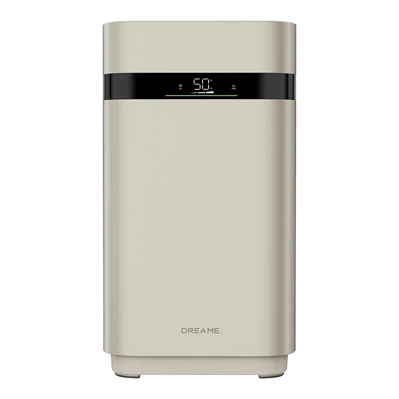 Un purificador de aire beige con pantalla negra que muestra 50°.
