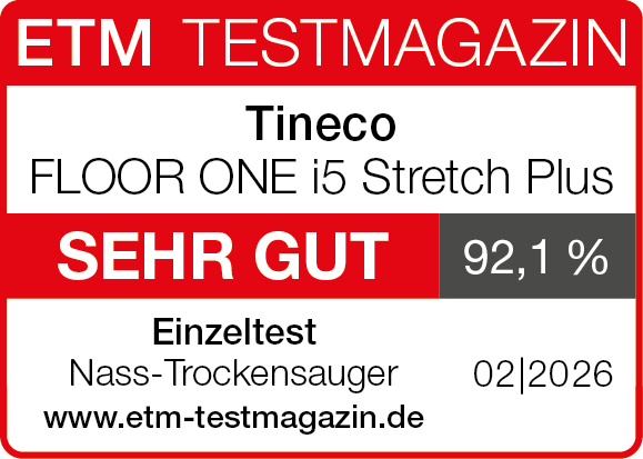 ETM Testmagazin: Tineco FLOOR ONE i5 Stretch Plus. Sehr gut, 92,1%.