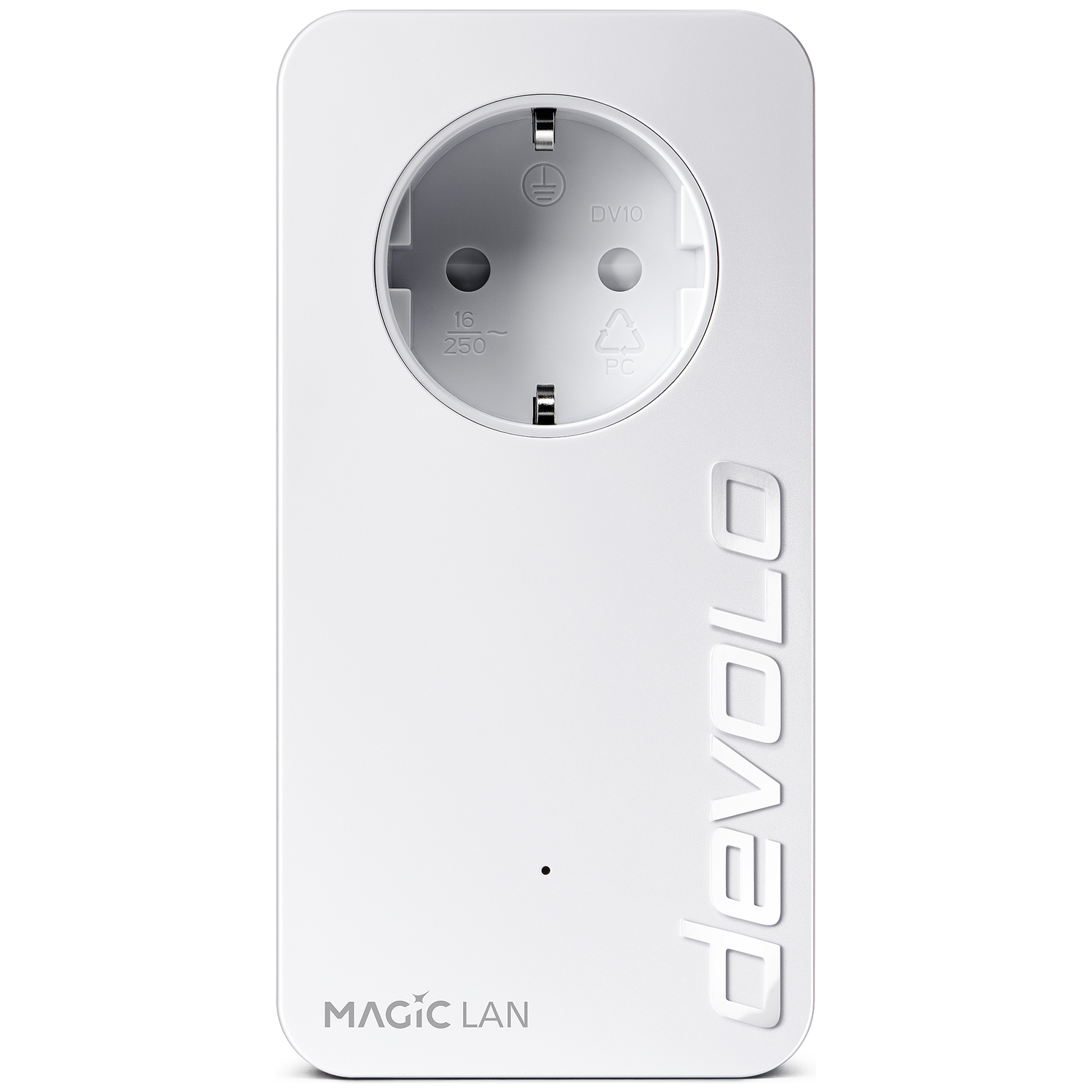 Een witte Devolo Magic LAN powerline adapter met één stopcontact.