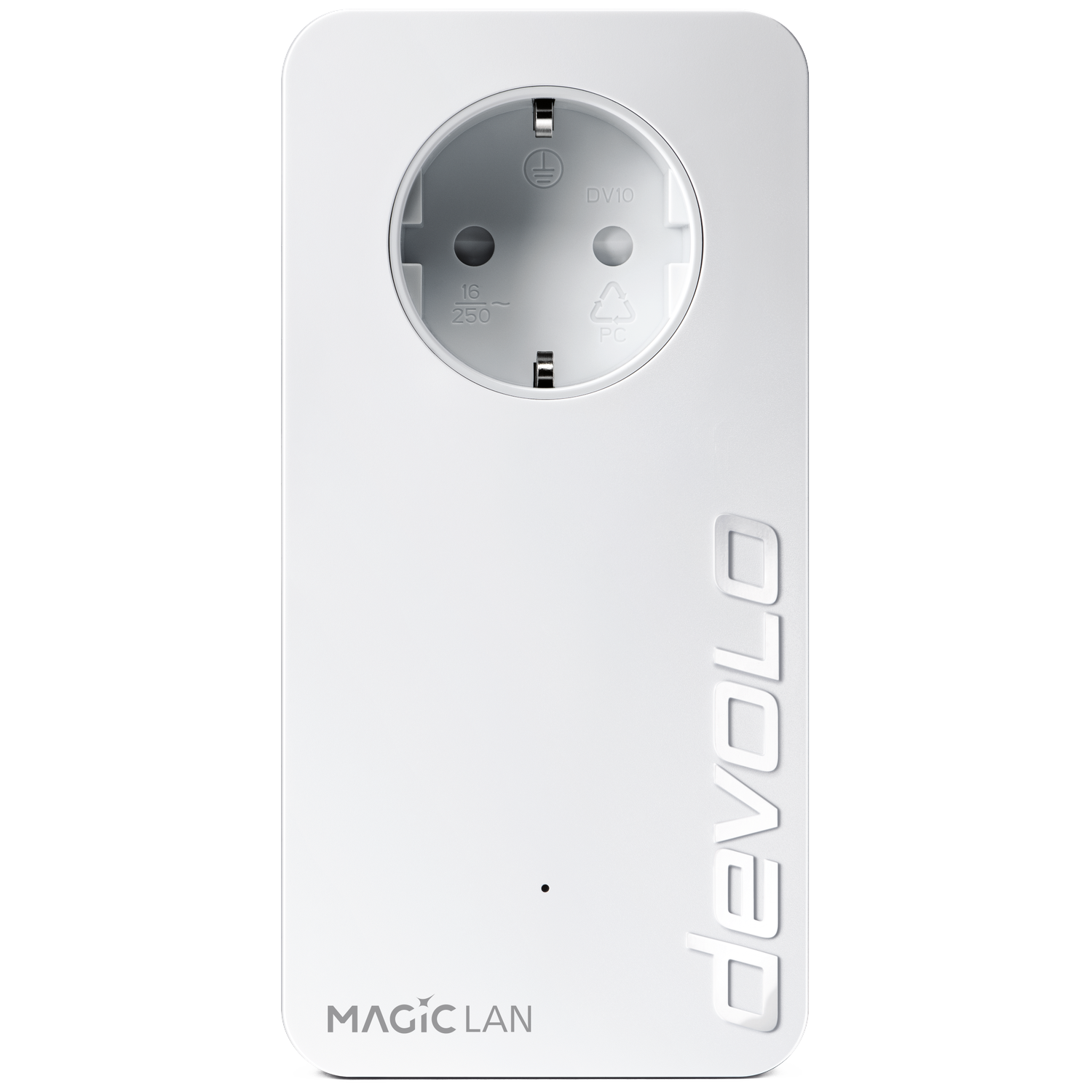Wit stopcontact met "MAGIC LAN" en "devolo" logo. Met aarding en 16A/250V.