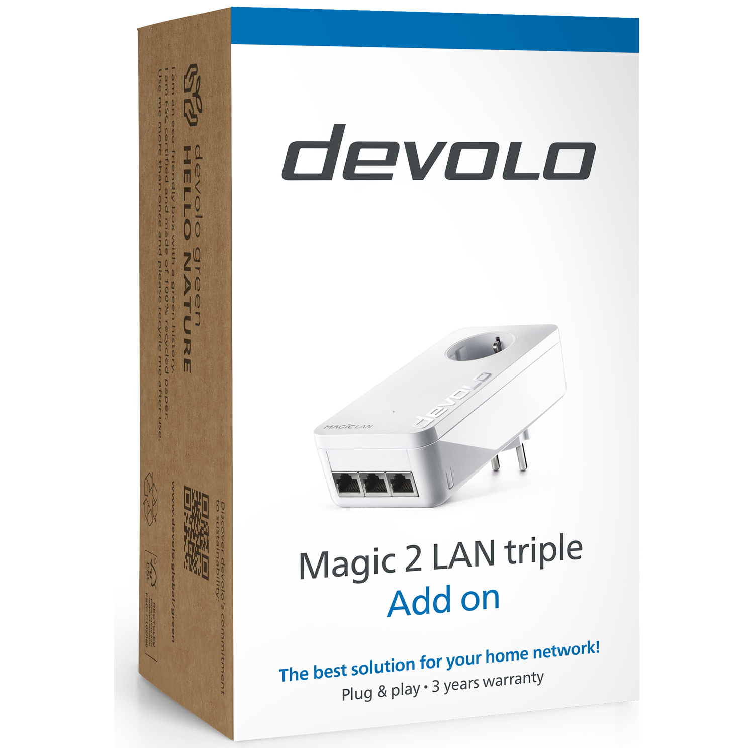 Doos met Devolo Magic 2 LAN triple Add on en een witte adapter.