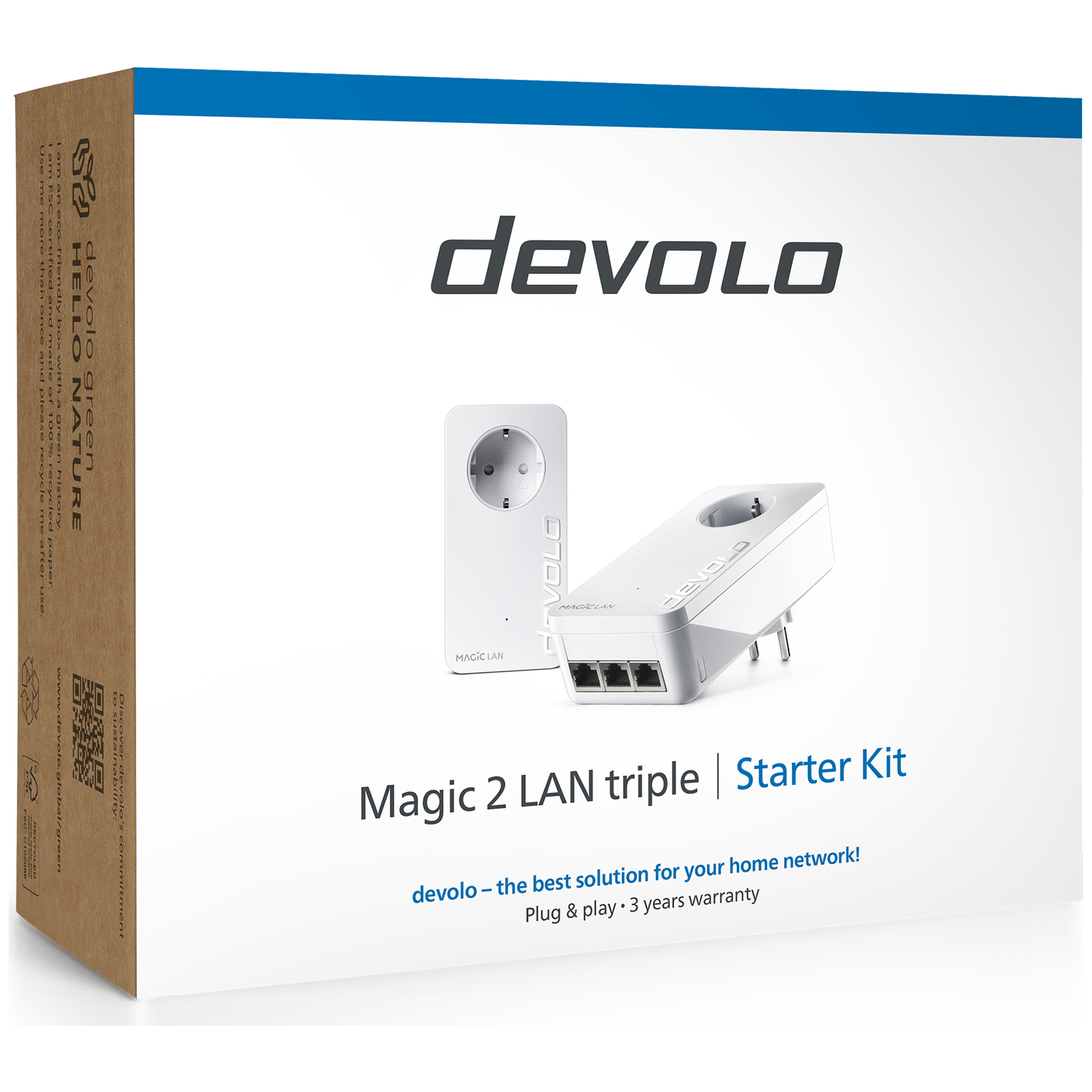 Devolo Magic 2 LAN Triple Starter Kit doos met twee adapters en LAN-kabels.