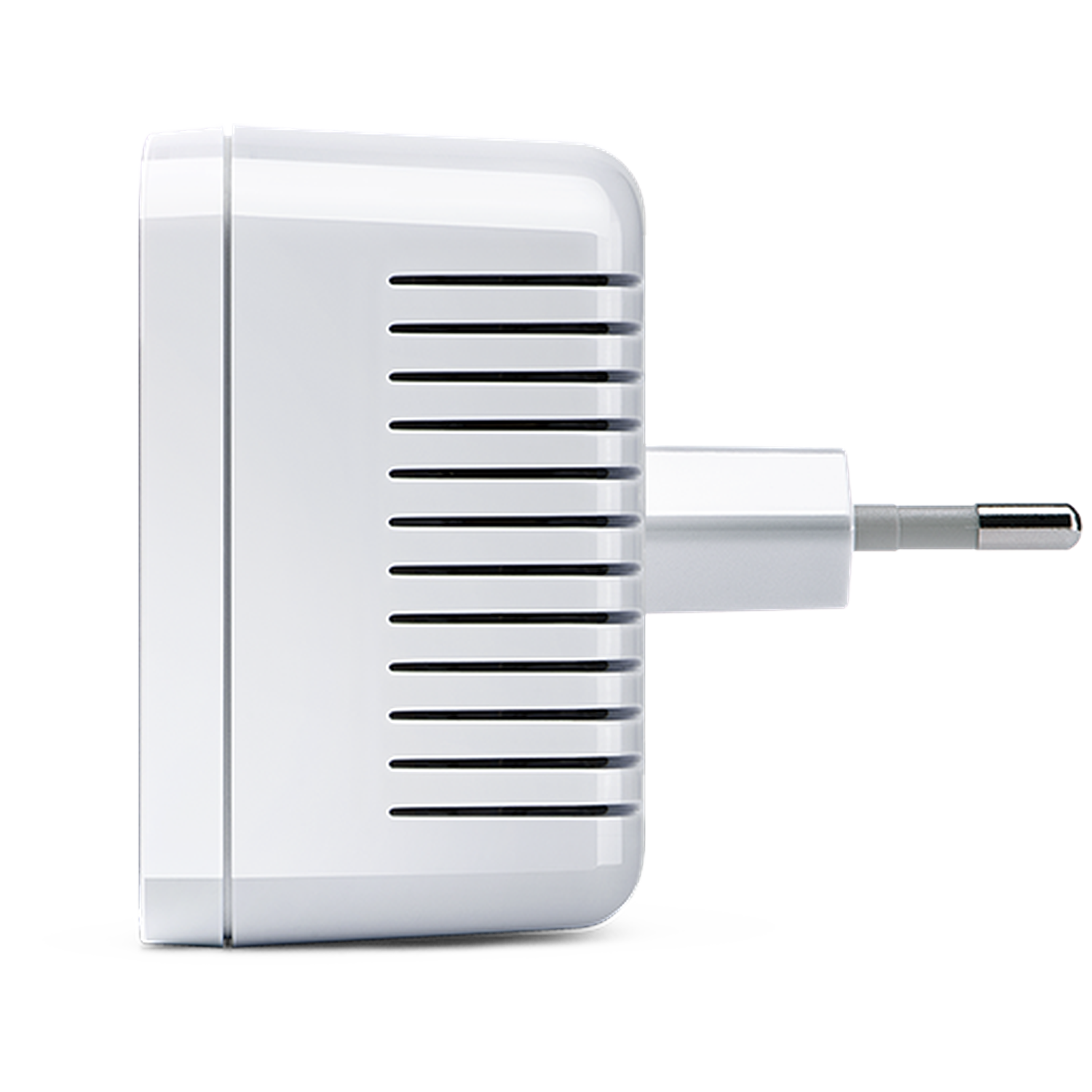 Een witte stekkeradapter met ventilatiesleuven.