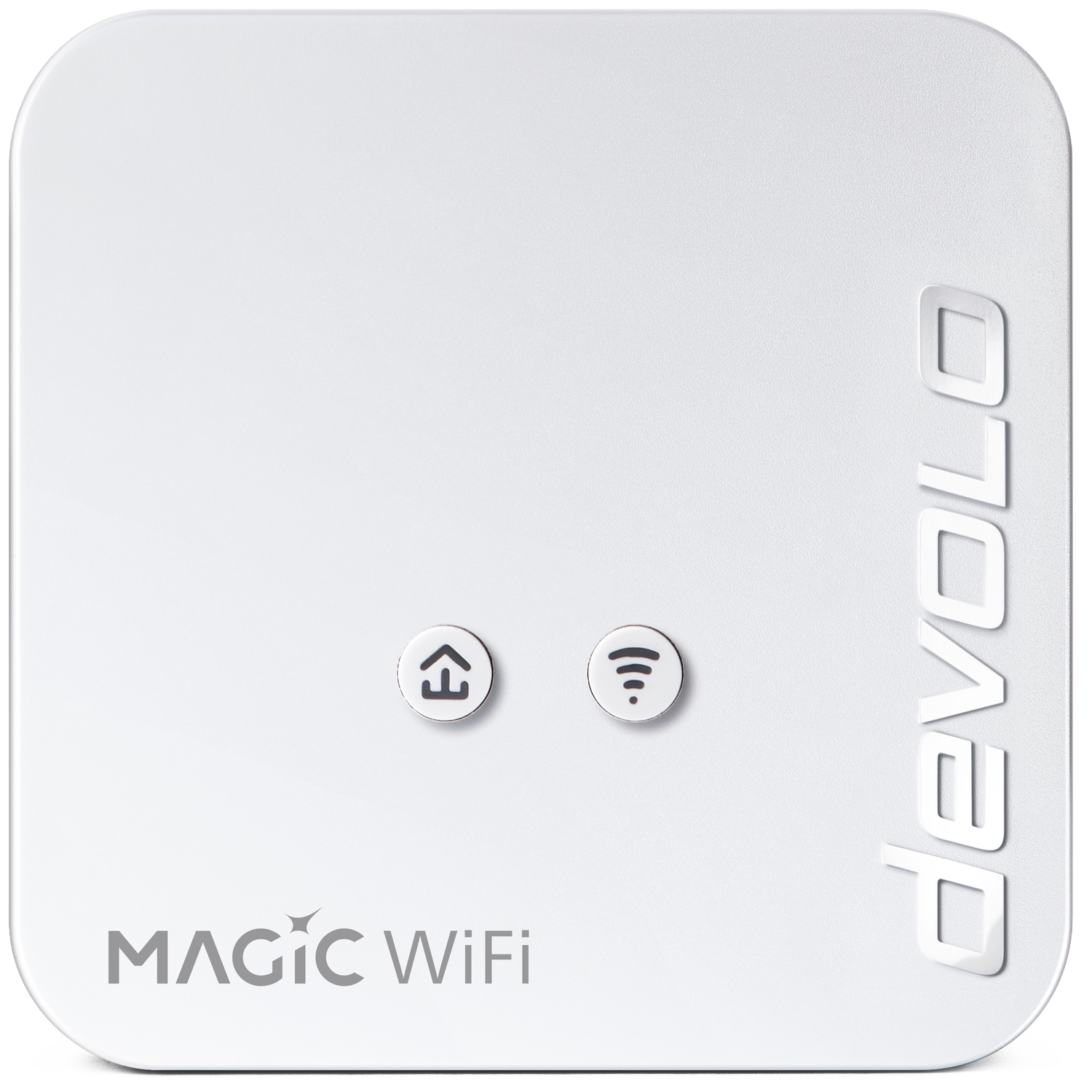Een wit Devolo Magic WiFi apparaat met twee knoppen en logo.