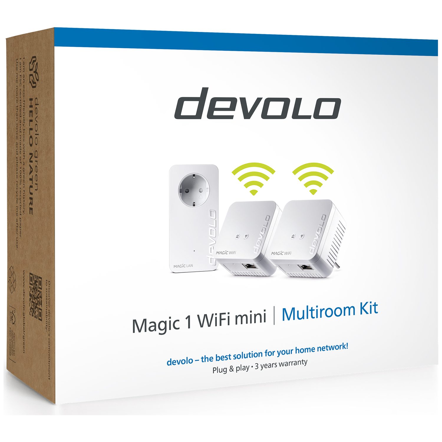 Devolo Magic 1 WiFi Mini Multiroom Kit verpakking met stekker en twee WiFi adapters.