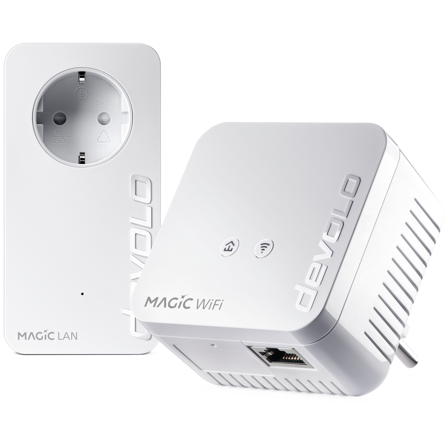 Witte Devolo Magic LAN en Magic WiFi powerline adapters met Ethernetpoorten en stekker.