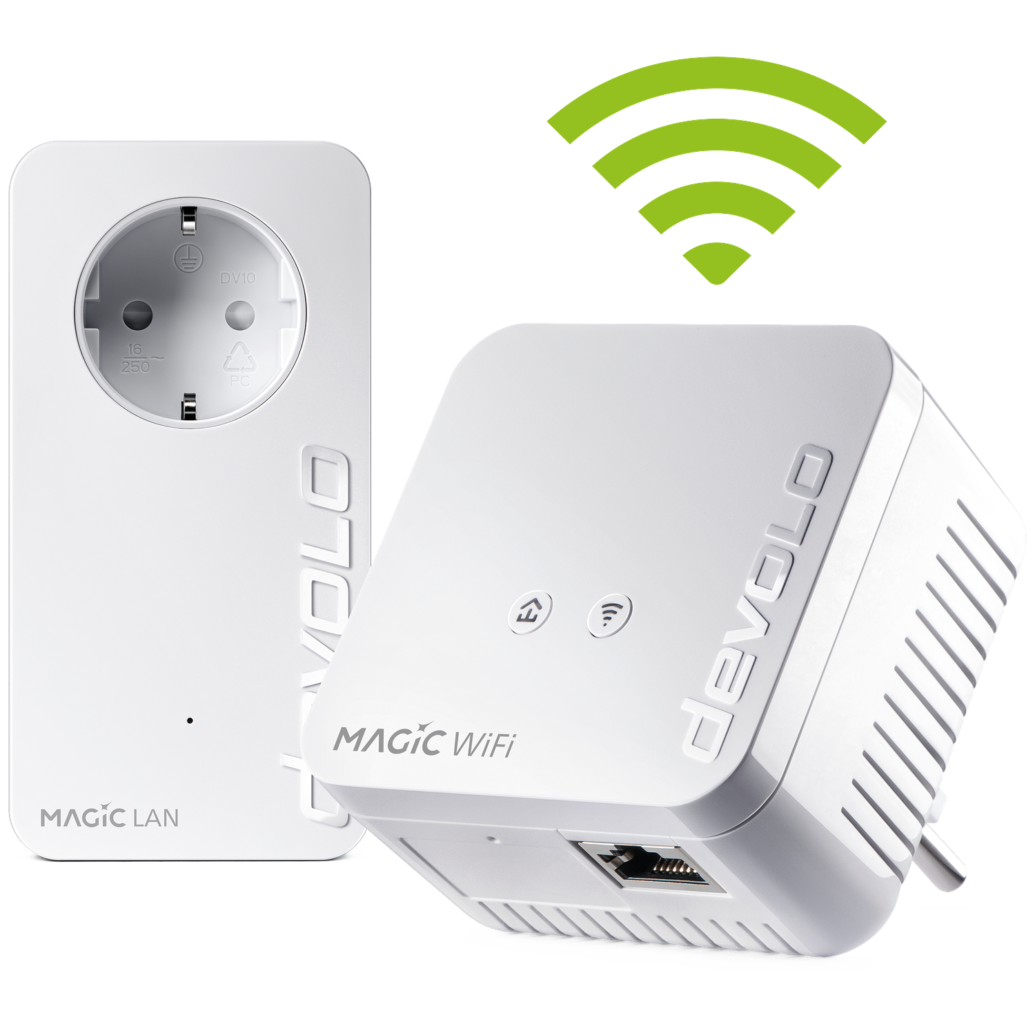 Twee witte Devolo Magic WiFi adapters, één met stopcontact, de ander met LAN-poort.