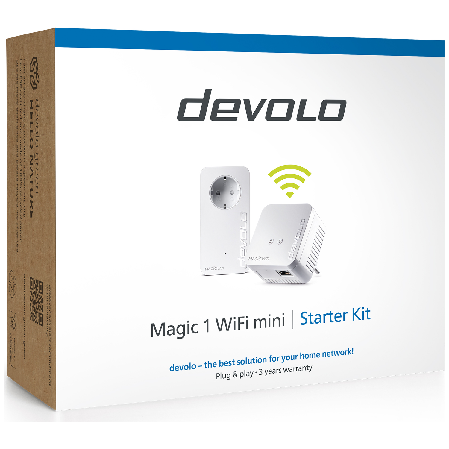 Doos voor Devlo Magic 1 WiFi mini Starter Kit met twee apparaten en Wi-Fi-symbool.