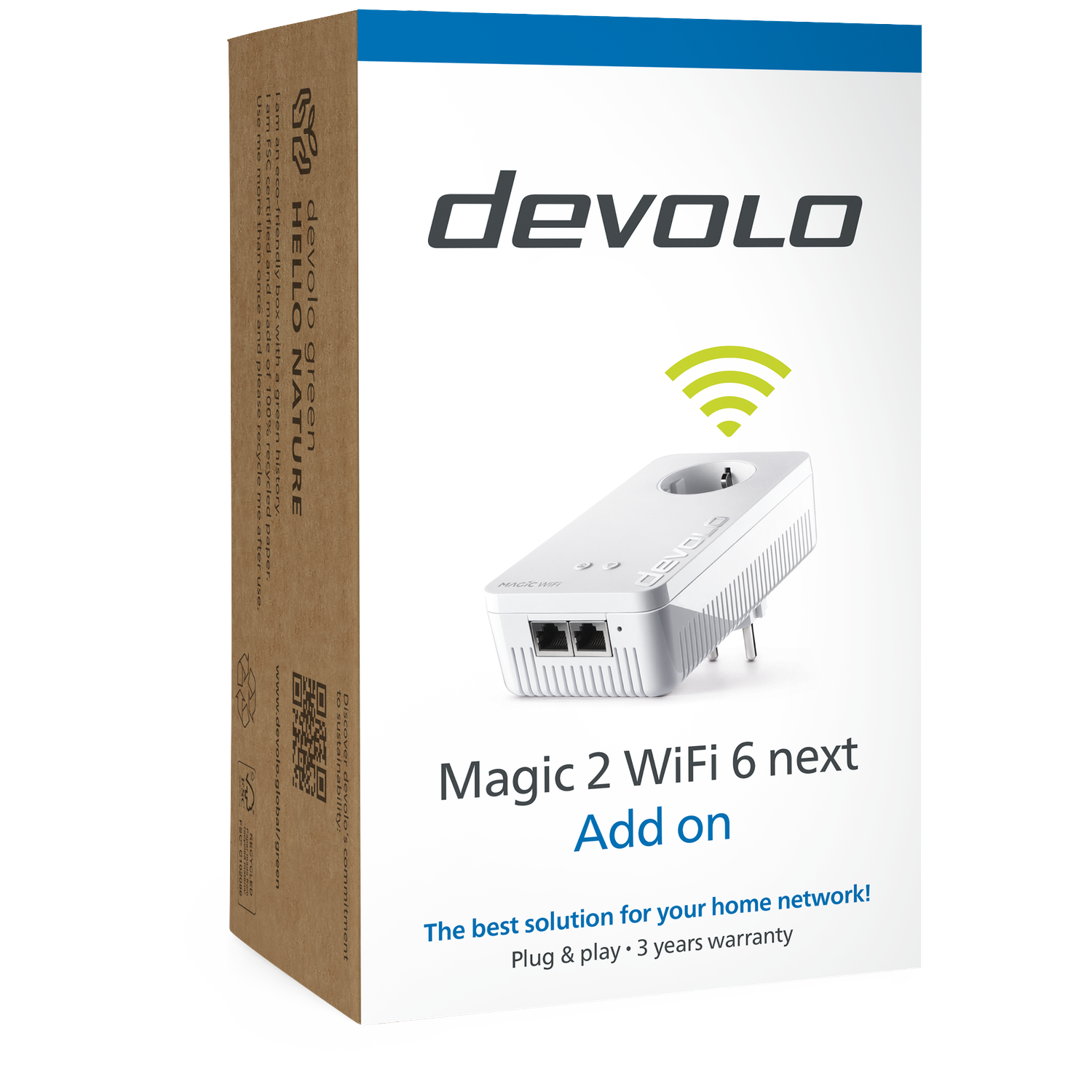 Devolo Magic 2 WiFi 6 next Add on verpakking met WiFi-adapter en tekst.