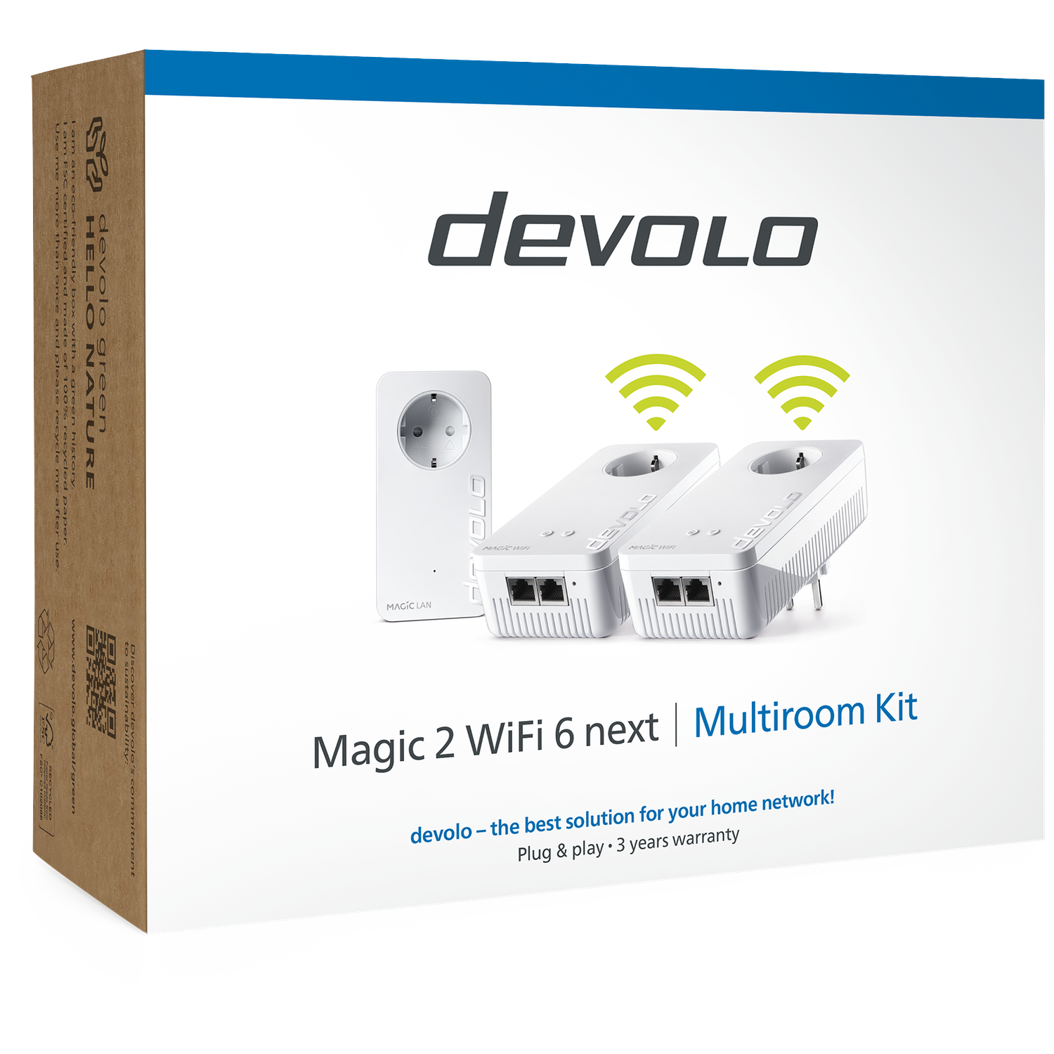 Devolo Magic 2 WiFi 6 next Multiroom Kit doos met twee witte adapters en een witte wandstekker adapter.