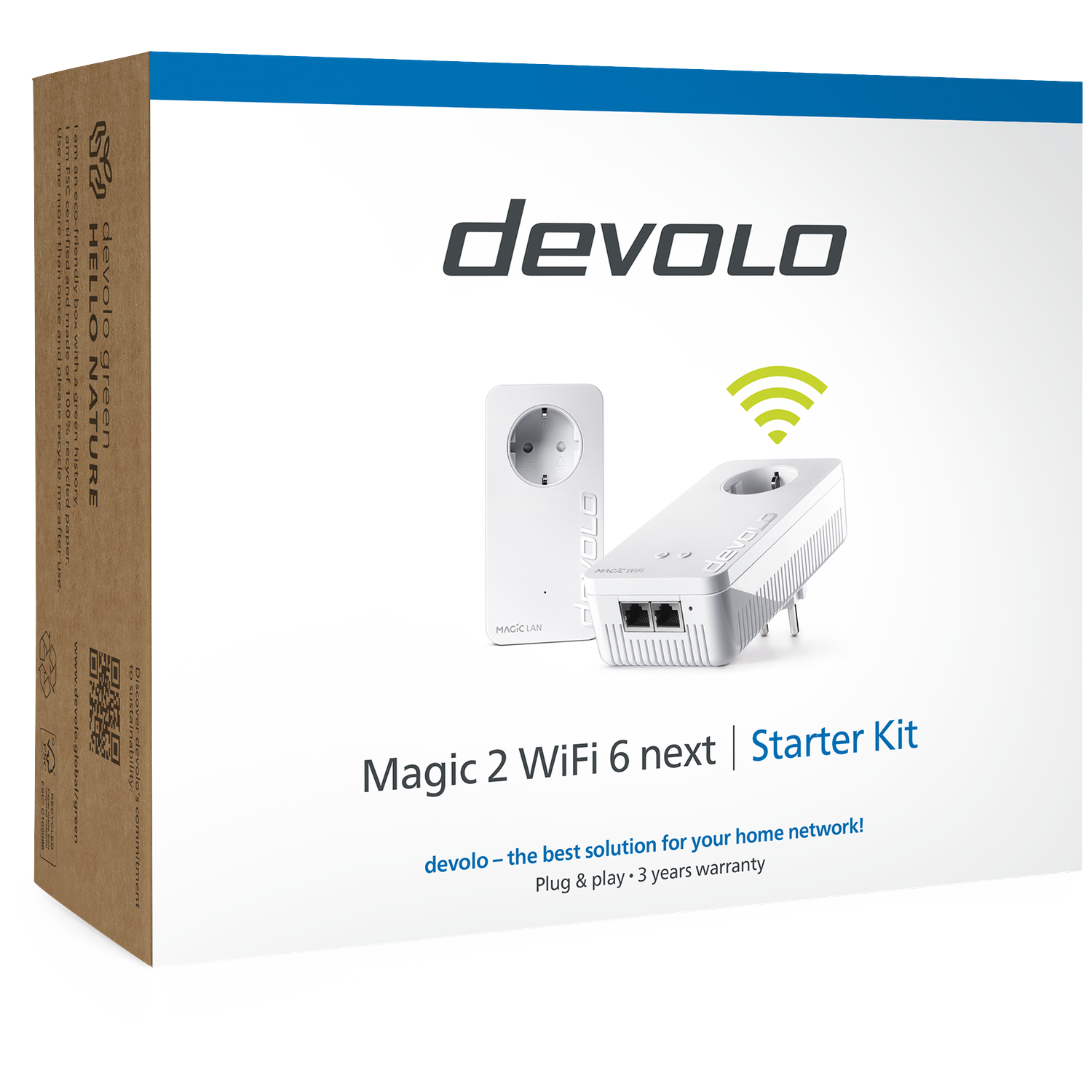 Devolo Magic 2 WiFi 6 next Starter Kit box with two white adapters.