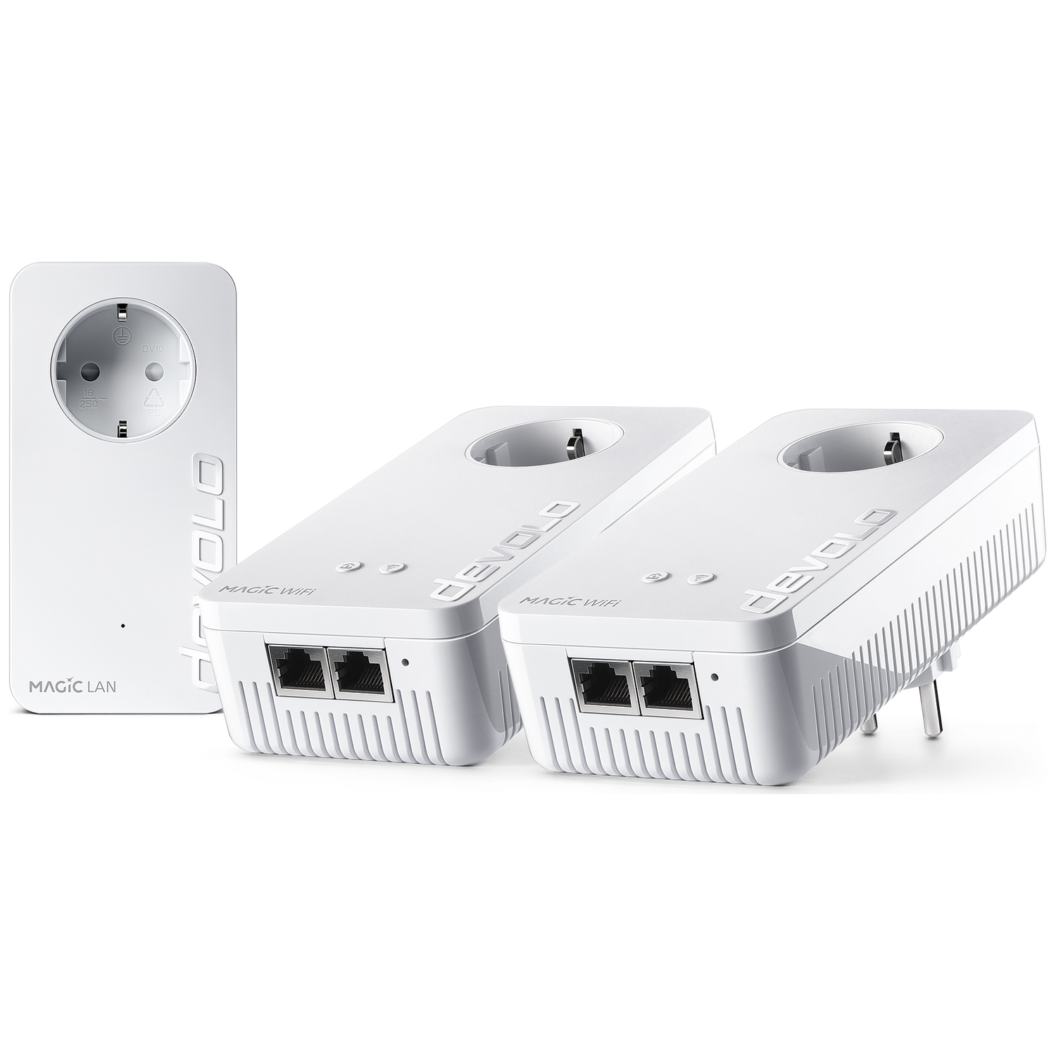 Drie witte Devolo Magic WiFi-adapters en een Magic LAN-adapter op witte achtergrond.